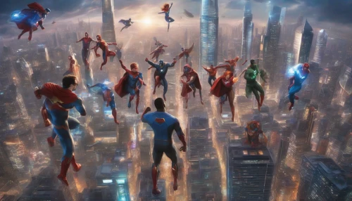 In a dazzling, futuristic cityscape where gleaming skyscrapers pierce the clouds, a diverse team of superheroes stands united on a rooftop. Each hero, adorned in vibrant, high-tech costumes, showcases their unique powers—energy manipulation, telekinesis, and enhanced agility. Below, flying vehicles zip through the air, while holographic advertisements flicker to life. The sunset casts a golden hue, illuminating their determined expressions as they prepare to protect their world from an impending threat.