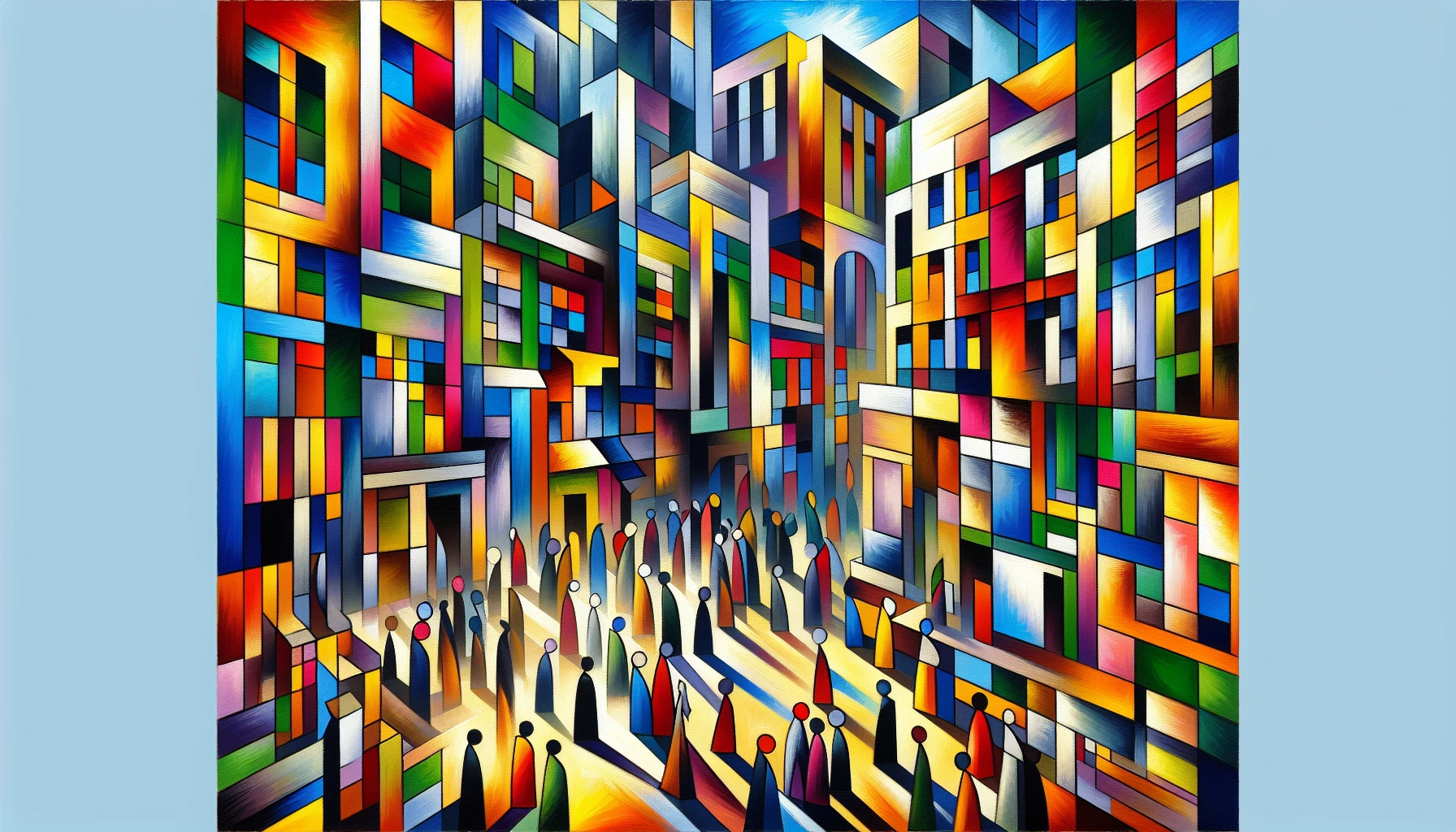 Imagine a vibrant cityscape rendered in striking cubist style, where buildings and streets twist into geometric shapes and vivid colors. The sunlight splashes over the fragmented surfaces, casting playful shadows that dance across the canvas. Abstract forms of people engage in lively conversations, their emotions splintered into bold facets and hues. This dynamic scene captures the essence of urban life in a rhythmic, avant-garde expression of creativity.