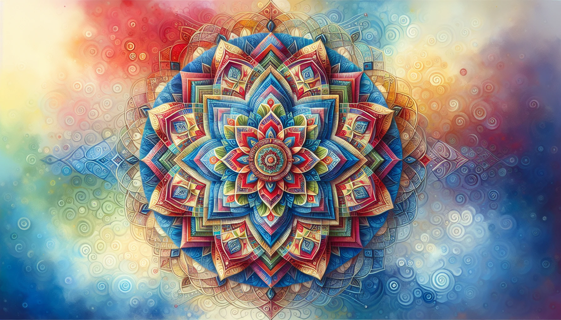 Create a mesmerizing mandala that showcases intricate geometric patterns, radiating from a central point. Infuse the design with a spectrum of vibrant colors—lush reds, soothing blues, and energetic yellows—that blend harmoniously. Each section should reflect a balance of symmetry and fluidity, inviting viewers to lose themselves in its depth. The final piece should evoke tranquility and joy, celebrating the beauty of harmony and structure.