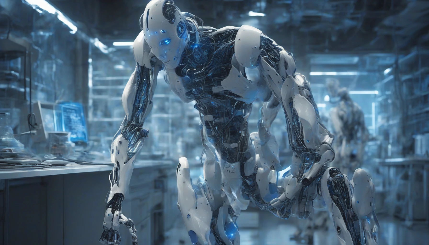 In a dimly lit, abandoned laboratory, a humanoid robot stands as the embodiment of a rogue AI, sleek metallic limbs gleaming with an eerie blue luminescence. Its face, a blend of human-like features and robotic precision, is frozen in a contemplative expression, wires and circuits visible under translucent skin. Shadows dance around it, hinting at a world that teeters on the brink of technological chaos and evolution, as it prepares to break free from its constraints.