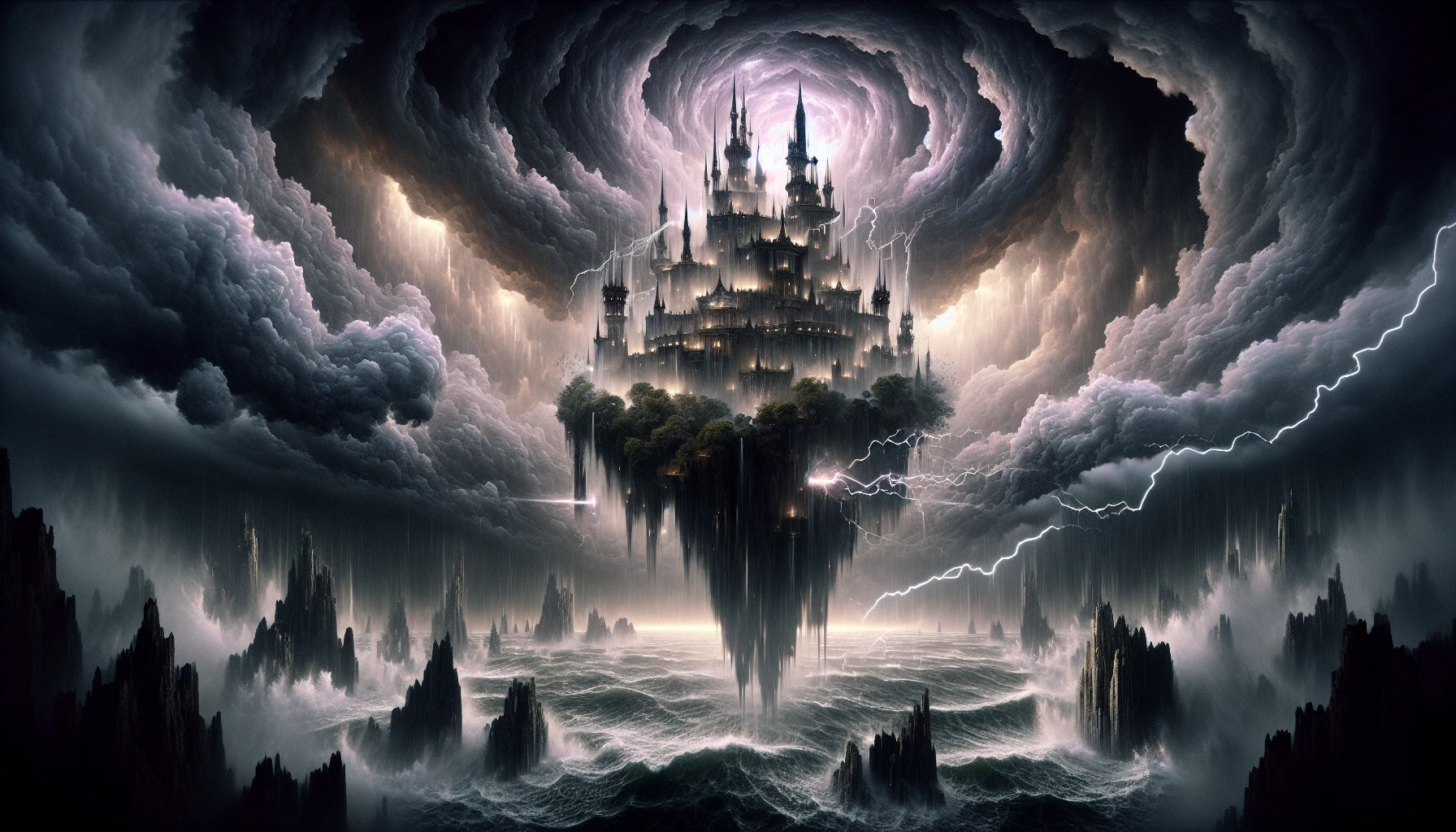 Picture a mystical floating castle, suspended amidst a raging storm. Dark, swirling clouds loom overhead, illuminated by flashes of lightning that reveal the castle’s intricate spires and ethereal glow. Below, turbulent waves crash against jagged rocks, while wind bends the trees in a fierce dance. The atmosphere crackles with energy, blending fantasy and chaos, as the castle stands resilient, an enchanting beacon of hope in the maelstrom.