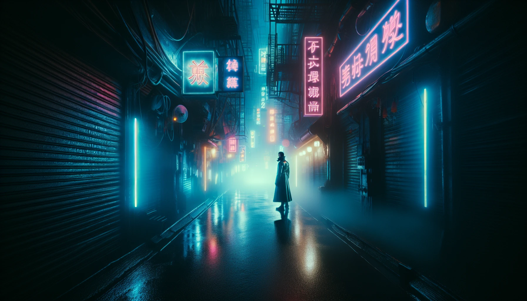 A narrow alleyway in the style of the cyberpunk genre, complete with radiant neon signboards, permeated by a dense veil of fog. A solitary figure, shrouded in an advanced techno-fabric trench coat, stands poised in the scene. The aether is charged with a cinematic ambience as lighting from various sources casts visually striking reflections upon the damp, rain-kissed asphalt.