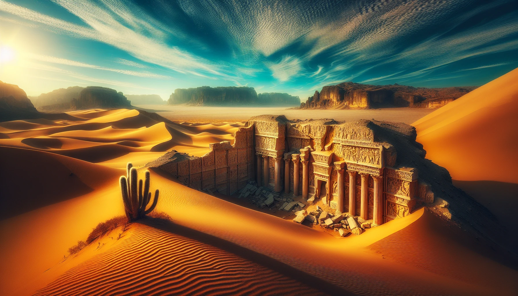 Envision an ancient civilization's remnants nestled in the heart of a vast, sun-scorched desert. Crumbling sandstone structures jut from the ground like the bones of a forgotten giant, adorned with intricate carvings that whisper stories of the past. Golden sand dunes ripple in the background, while a cerulean sky stretches overhead, dotted with wispy clouds. A lone cactus stands guard, symbolizing resilience amidst the desolation.