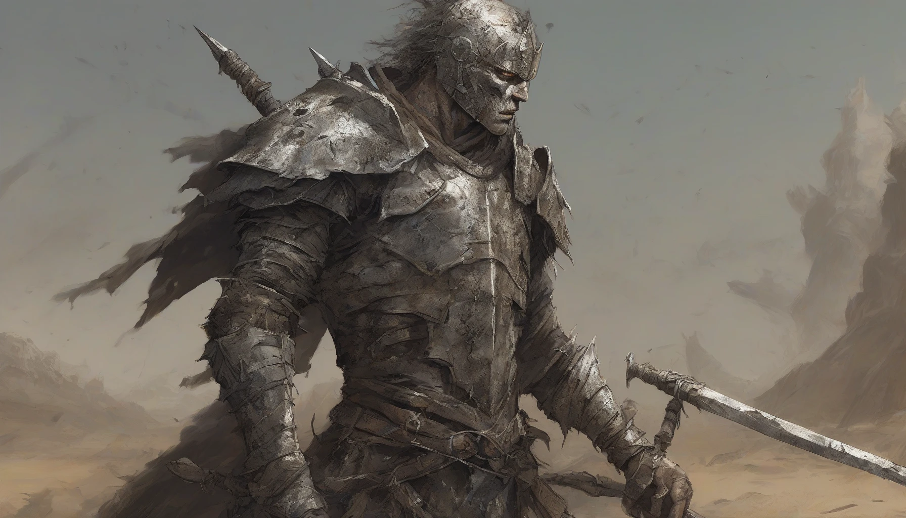 In a desolate, sun-scorched landscape, a fierce warrior stands tall, clad in scavenged armor. His weathered face is marked with determination, showcasing scars of past battles. He's wielding a makeshift weapon—a jagged metal pipe wrapped in barbed wire. Around him, remnants of civilization lie scattered, hinting at a world long forgotten. Tattered banners flutter in the wind, creating a haunting backdrop of resilience and survival.