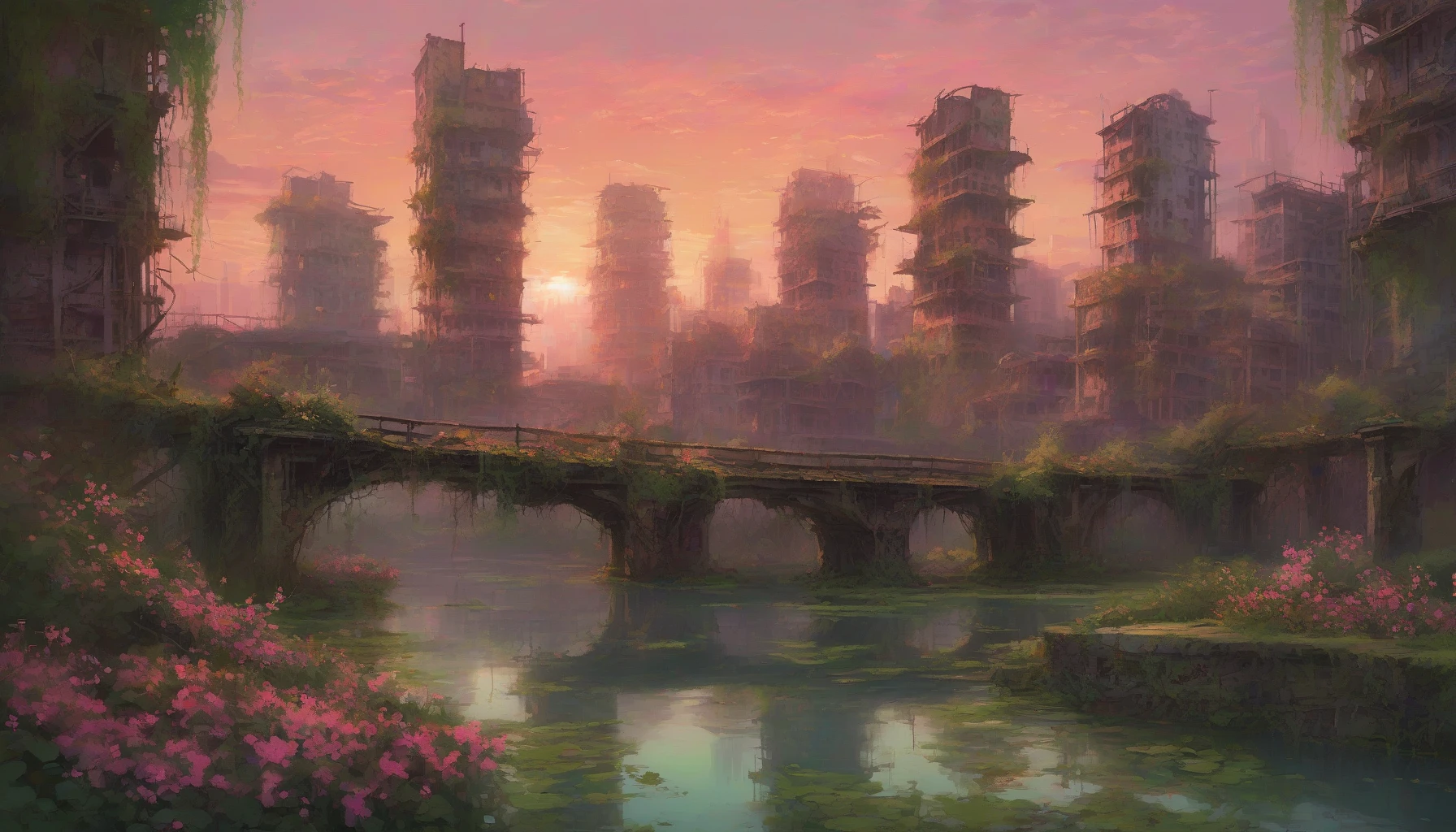 A sprawling landscape of decaying skyscrapers and crumbled buildings, overgrown with vibrant green vines and wildflowers. In the foreground, an ancient, rusted bridge lies in tatters, suspended over a serene, reflective pool of water. The sky is painted with hues of pink and orange as the sun sets, casting a haunting beauty over the remnants of civilization, inviting viewers to ponder the stories left behind.