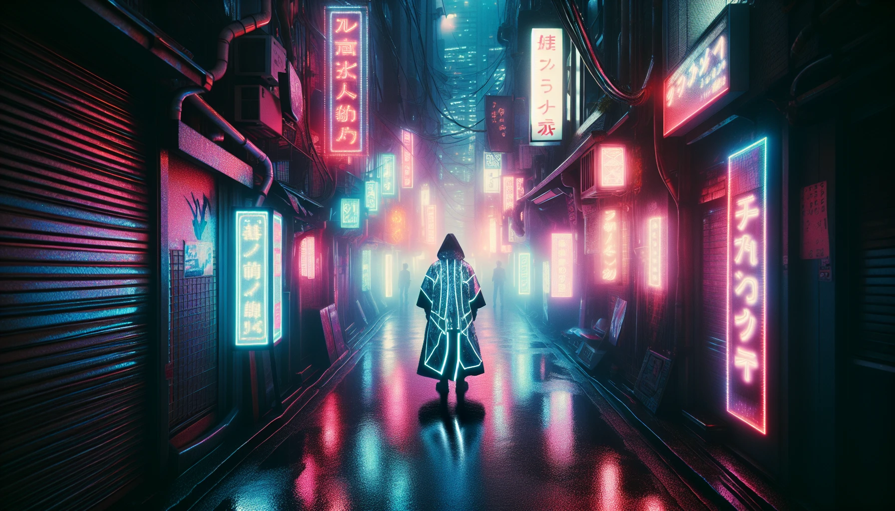 A cyberpunk-style narrow alleyway bathed in the glow of shimmering neon signs, veiled heavily by a thick coat of fog. A lone figure, cloaked in a coat fashioned from futuristic, high-tech fabric, strikes a pose in the midst of the scene. The atmosphere is flush with a film-like quality, with distinctive light patterns from differently placed sources casting mesmerizing reflections onto the moist, glistening pavement kissed by recent rainfall.