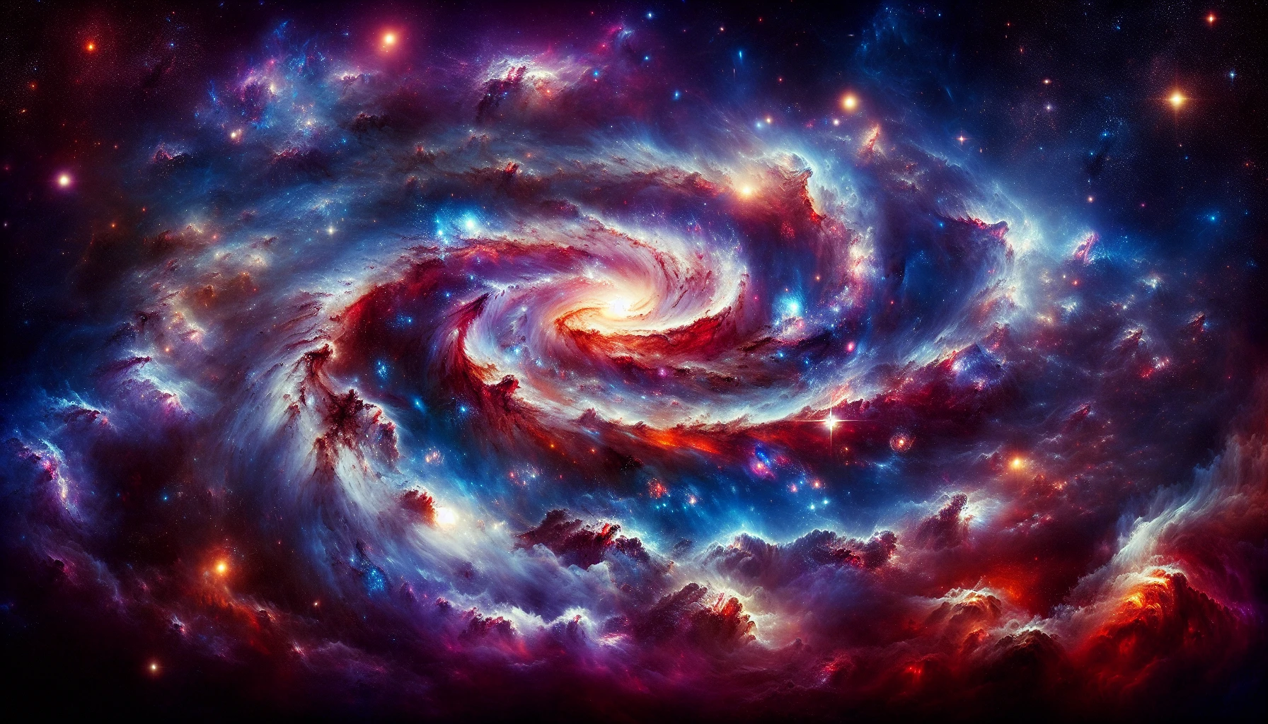 Envision a breathtaking scene of a celestial landscape, where swirling galaxies and vibrant nebulae intertwine in a cosmic dance. Ethereal colors of deep purples, radiant blues, and fiery reds illuminate the dark expanse of space, while shimmering stars punctuate the vastness. In the foreground, a giant cosmic spiral serves as a majestic focal point, symbolizing the interconnectedness of the universe, inviting viewers to lose themselves in its infinite beauty.