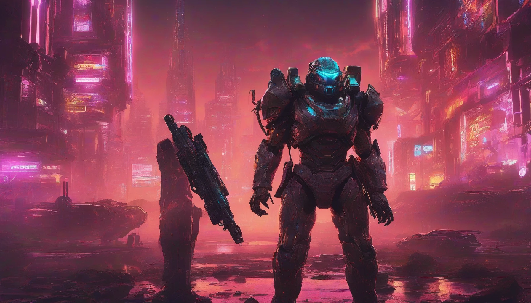 Imagine a towering futuristic soldier clad in sleek, high-tech power armor that gleams under a neon-lit sky. The armor pulsates with energy, showcasing intricate designs and advanced weaponry seamlessly integrated into its form. Surrounding the soldier is a dystopian battlefield, filled with crumbling structures and faint holographic displays. The air crackles with tension as the warrior stands ready to defend against unseen foes, embodying strength and resilience.