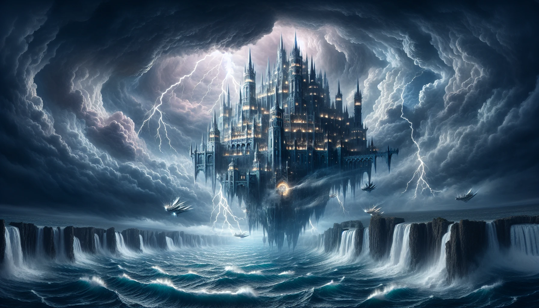 In a tumultuous sky filled with dark, swirling clouds, a magnificent floating castle hovers majestically above the raging sea. Lightning cracks the atmosphere, illuminating its stone turrets and glistening spires. Waves crash violently against the rocky cliffs below, while ethereal lights emanate from the castle's windows, hinting at a vibrant life within. This enchanted stronghold stands resilient, merging beauty and chaos in a breathtaking spectacle.