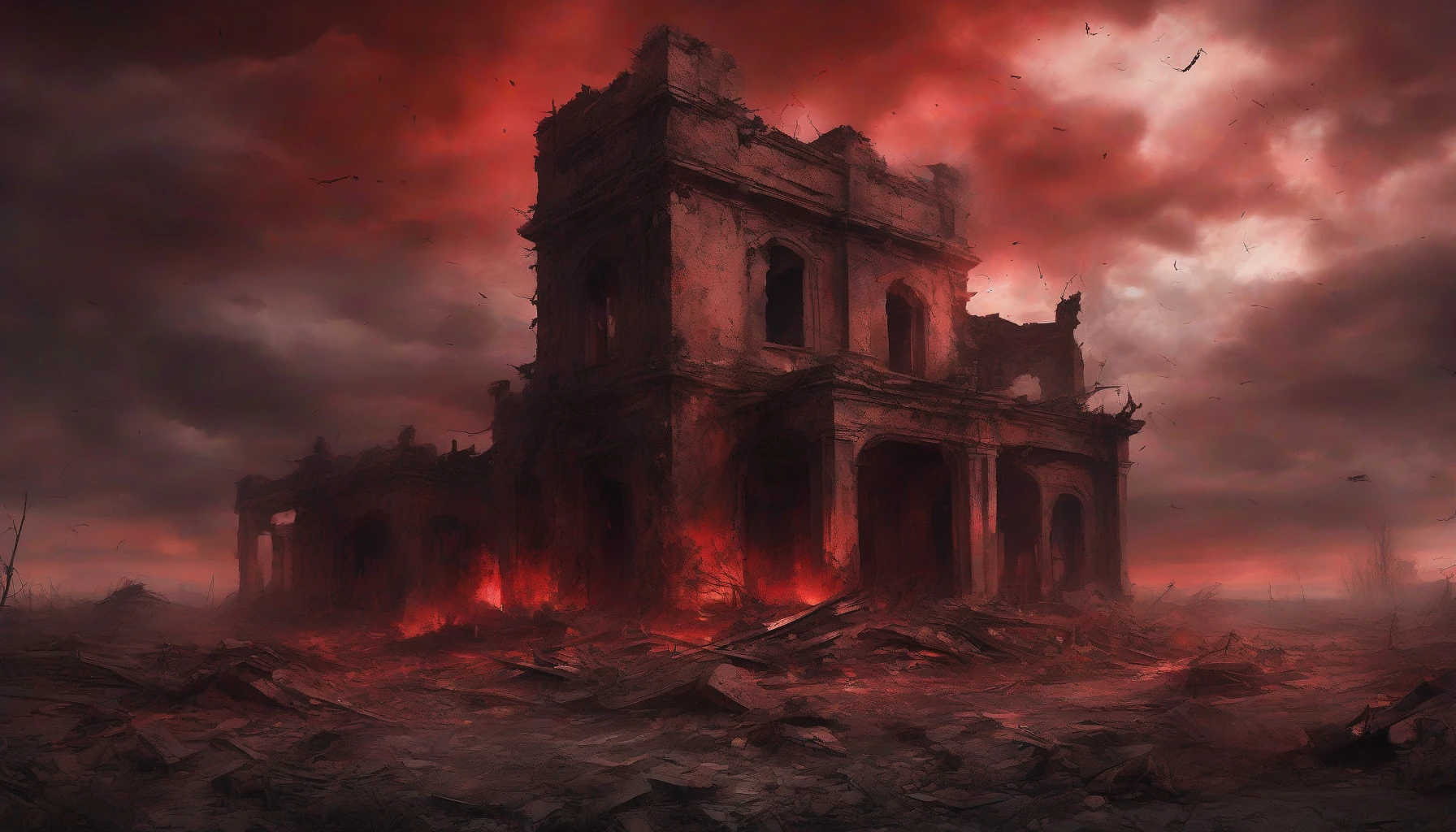 Imagine a desolate battlefield, scarred by conflict and engulfed in shadows. Crumbling structures stand as testament to destruction, their surfaces strewn with debris and memories. Above, a dramatic red sky casts an eerie glow, swirling with dark clouds and hints of smoke. The atmosphere is heavy with tension, evoking the remnants of a fierce struggle as nature weeps for the fallen.