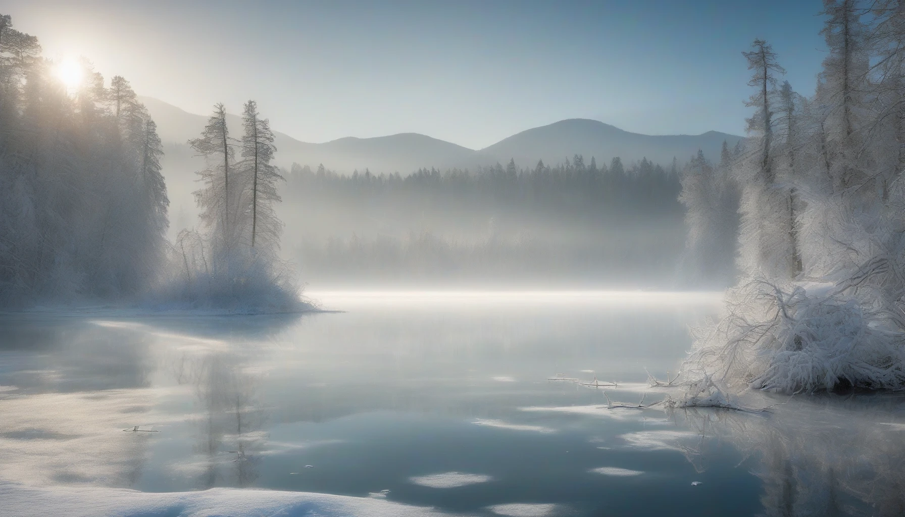 A serene frozen lake glistens under a pale winter sun, its surface smooth as glass, reflecting the crystalline blue of the sky. Towering snow-laden pines frame the scene, their branches heavily draped in fresh powder, creating a stark contrast with the icy waters. Wisps of gentle mist curl above the lake, while distant mountains loom, cloaked in a soft veil of white, offering a sense of peaceful isolation in this winter wonderland.