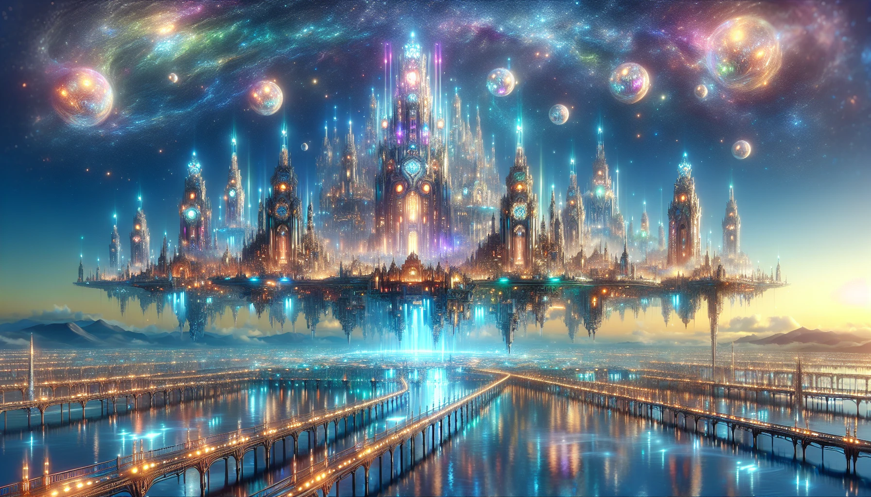 Imagine a breathtaking floating city, its elegant architecture shimmering with iridescent colors against the night sky. This vibrant metropolis, suspended like a dream, is surrounded by a glowing sea that reflects the starlight, creating a magical interplay of light. The atmosphere is alive with ethereal wisps of mist, while softly illuminated bridges connect the various levels of the city, inviting adventurers to explore its mysteries.