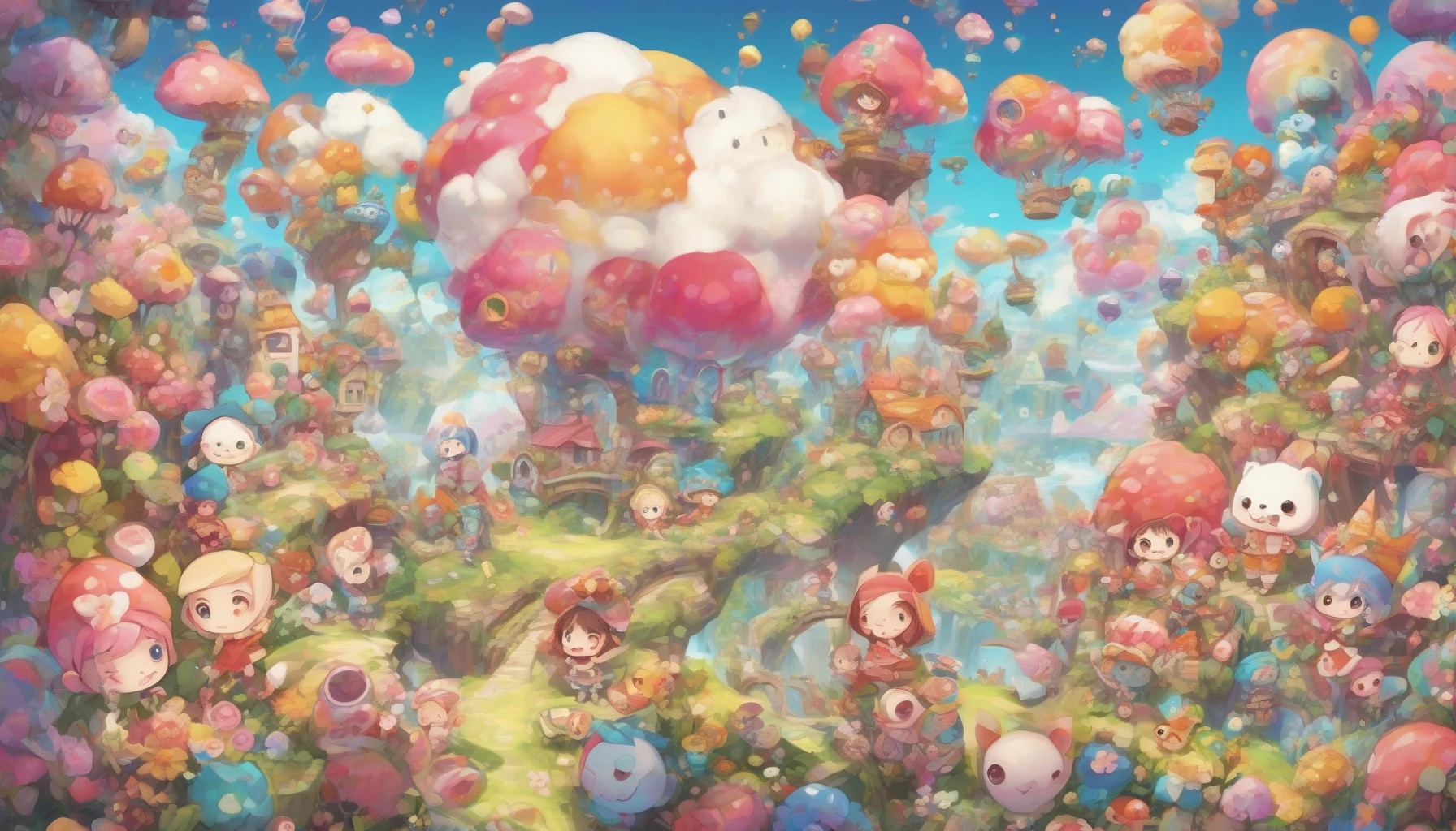 Imagine a vibrant scene bursting with color, where adorable chibi characters with oversized heads and tiny bodies frolic in a whimsical landscape. Each character sports exaggerated features, wide eyes sparkling with joy, and playful poses that convey their larger-than-life personalities. Surround them with fantastical elements—giant flowers, oversized sweets, and fluffy clouds—creating an enchanting atmosphere that captures the essence of childlike wonder and imagination.