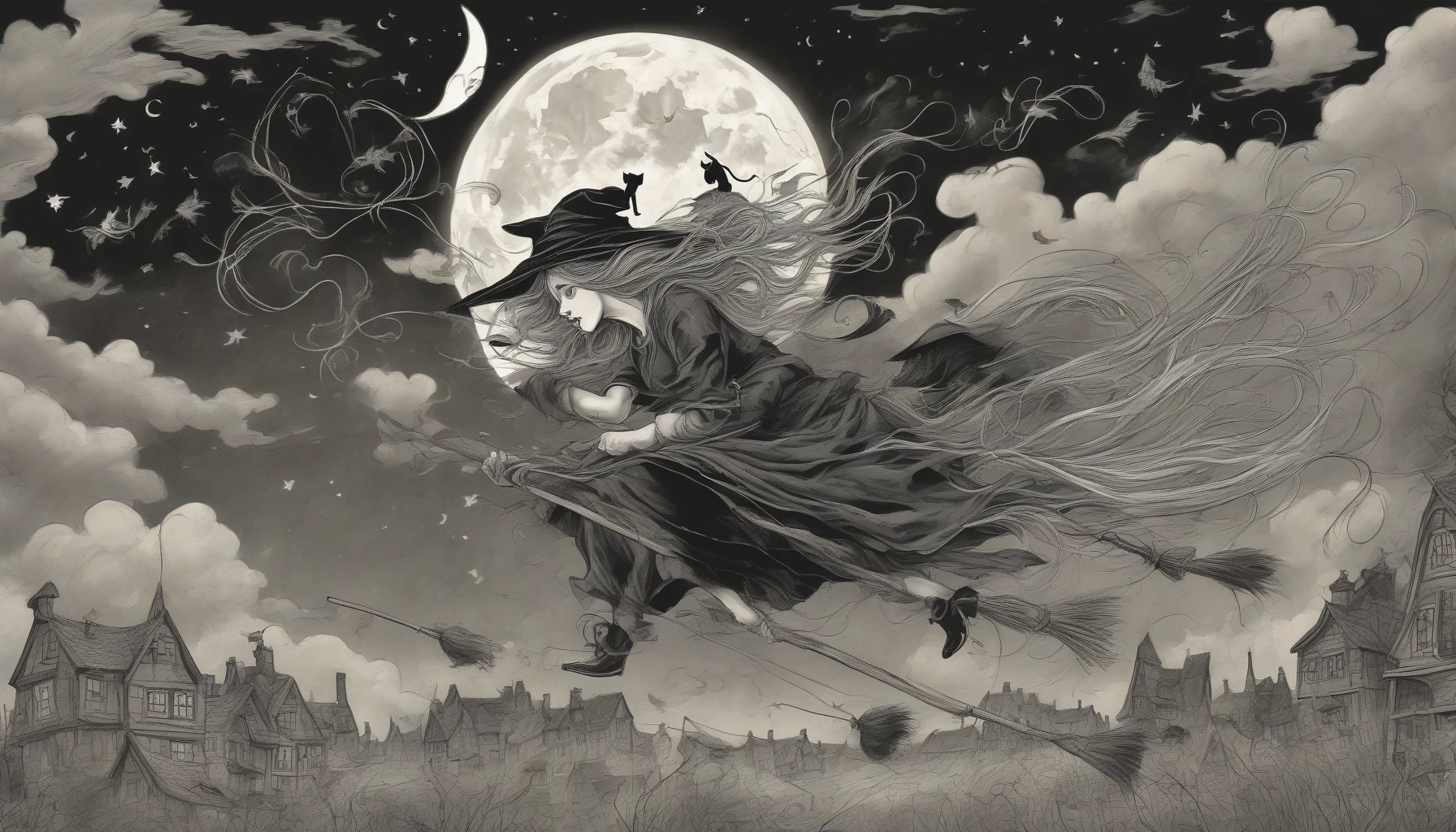 Capture a comical scene of a clumsy witch, adorned in a tattered pointed hat, teetering precariously on her broomstick. Her long, tangled hair flutters chaotically in the wind as she struggles to maintain balance. Surround her with playful swirling clouds and mischievous black cats, while the moon casts a silvery glow. The enchanting night sky blends with the whimsy of her magical mishaps, creating a delightful atmosphere.