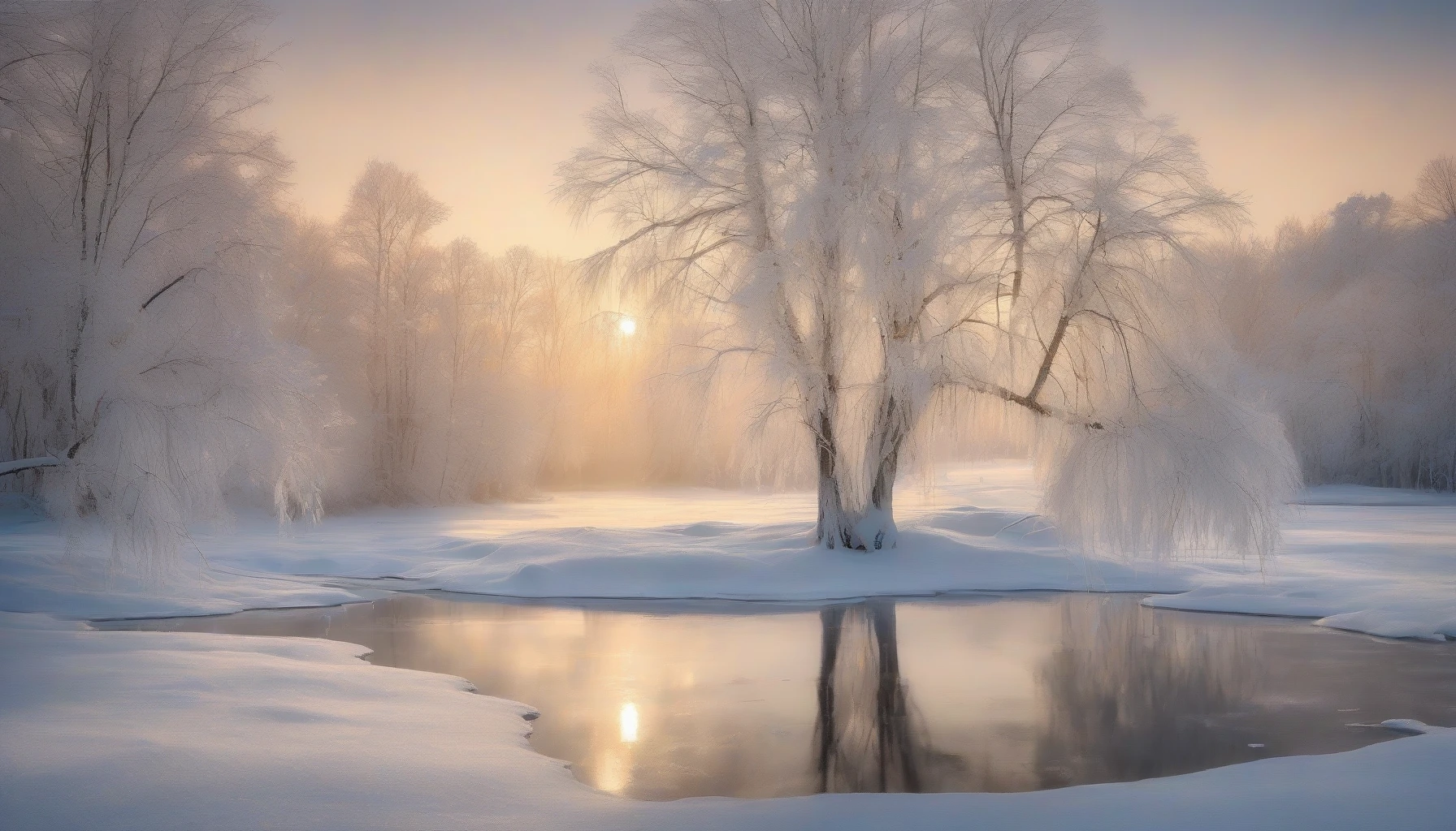 A breathtaking winter scene unfolds with a pristine frozen lake at its center, reflecting the soft glow of a pale sun. Surrounding the lake, snow-laden trees stand tall, their branches adorned with delicate icicles glittering like diamonds. The air is crisp, and a gentle breeze whispers through the forest, creating a serene atmosphere perfect for quiet contemplation. This tranquil winter wonderland invites you to experience the beauty of nature's icy embrace.