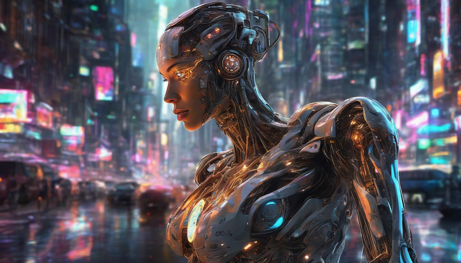 Imagine a striking cyborg standing confidently in a dimly lit urban environment, blending human features with sleek android design. Its face is a perfect mix of realism and advanced technology, showcasing glowing circuits that pulse with energy beneath translucent skin. Neon lights reflect on the metallic limbs, highlighting intricate machinery. The background hints at a sprawling metropolis, filled with towering skyscrapers and vibrant holograms, enhancing the cyborg's enigmatic presence.