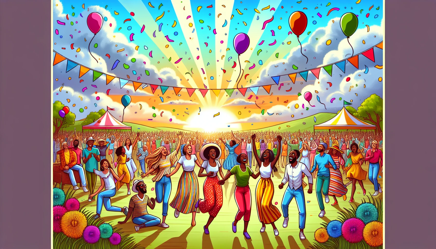 Illustrate a lively scene filled with exuberant celebration, where people of diverse backgrounds come together, adorned in colorful attire. The air is filled with confetti, balloons, and smiles, capturing moments of laughter and dancing under a brilliant sunset. Vibrant flowers bloom around, symbolizing happiness and community. The atmosphere radiates joy, inviting viewers to immerse themselves in this festive and heartwarming gathering.