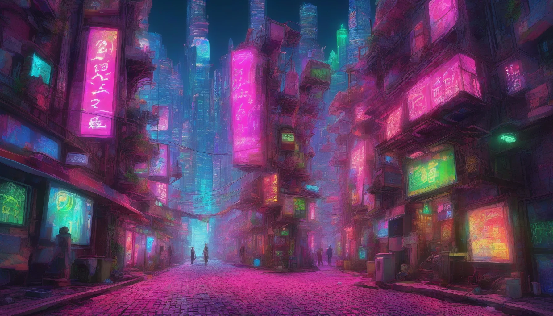 In a bustling neon-lit alley, towering skyscrapers loom overhead, their surfaces shimmering with holographic advertisements. Glowing signs flicker in vibrant hues of pink, blue, and green, illuminating the cobblestone pathway below, where sleek robots scuttle about, performing various tasks. Wisps of steam escape from grates in the ground, while the distant hum of technology fills the air, creating a perfect blend of chaos and innovation in this futuristic urban landscape.