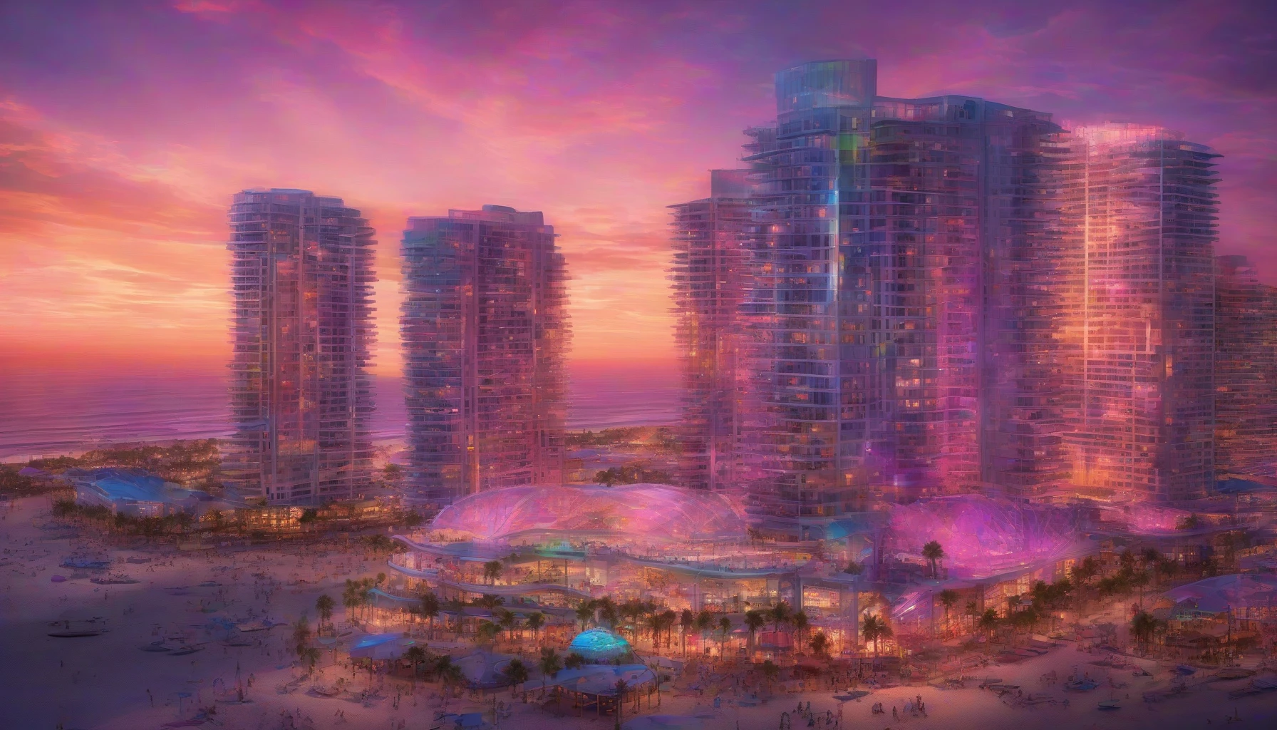 Imagine a breathtaking scene where a sprawling ocean city glows under a radiant sunset. Skyscrapers with iridescent surfaces reach toward the sky, reflecting hues of orange, pink, and purple. The urban landscape is laced with floating walkways and vibrant greenery, while the waves below shimmer with the last light of day. Drones navigate the air, and the sound of gentle waves adds to the serene atmosphere, creating a perfect blend of technology and nature.