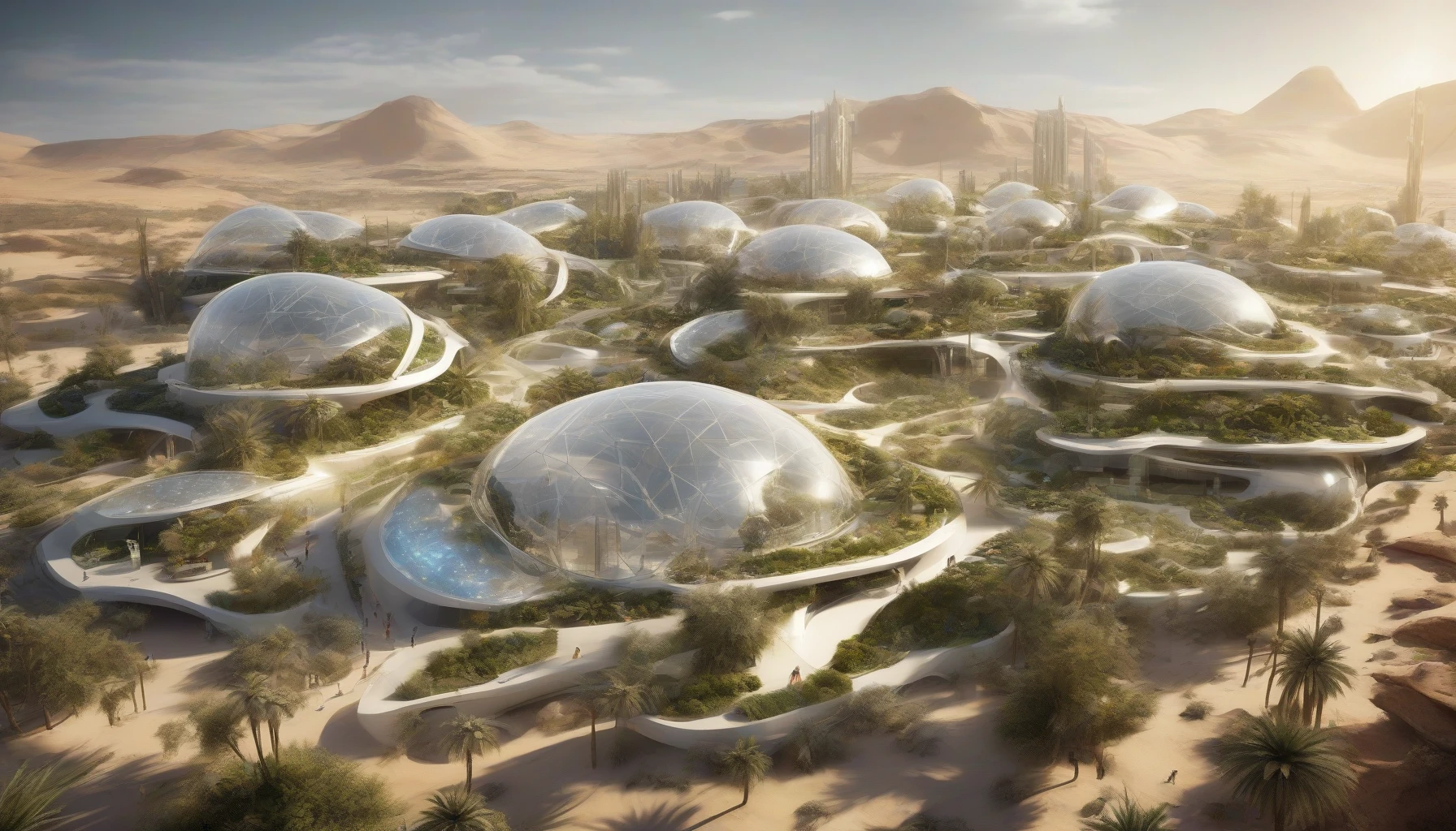 Imagine a sprawling futuristic dome city rising majestically from the golden sands of a vast desert. The skyline is adorned with sleek glass structures, shimmering under the relentless sun, while lush vertical gardens drape over the surfaces, creating a striking contrast with the arid landscape. Innovative energy sources hum quietly, powering this urban paradise, where advanced technology meets sustainable living amidst the stark beauty of the desert horizon.