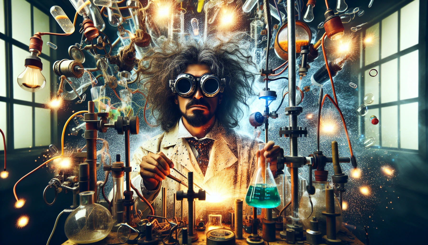 Imagine a chaotic laboratory filled with bubbling potions and peculiar gadgets, where a genius scientist stands at the center. With wild, unkempt hair and oversized goggles perched on their forehead, they exude a quirky charm. Their lab coat, splattered with vibrant colors, hints at countless experiments. Sparks fly from a nearby machine, illuminating their face, showcasing a mix of excitement and eccentricity in this whirlwind of creativity.