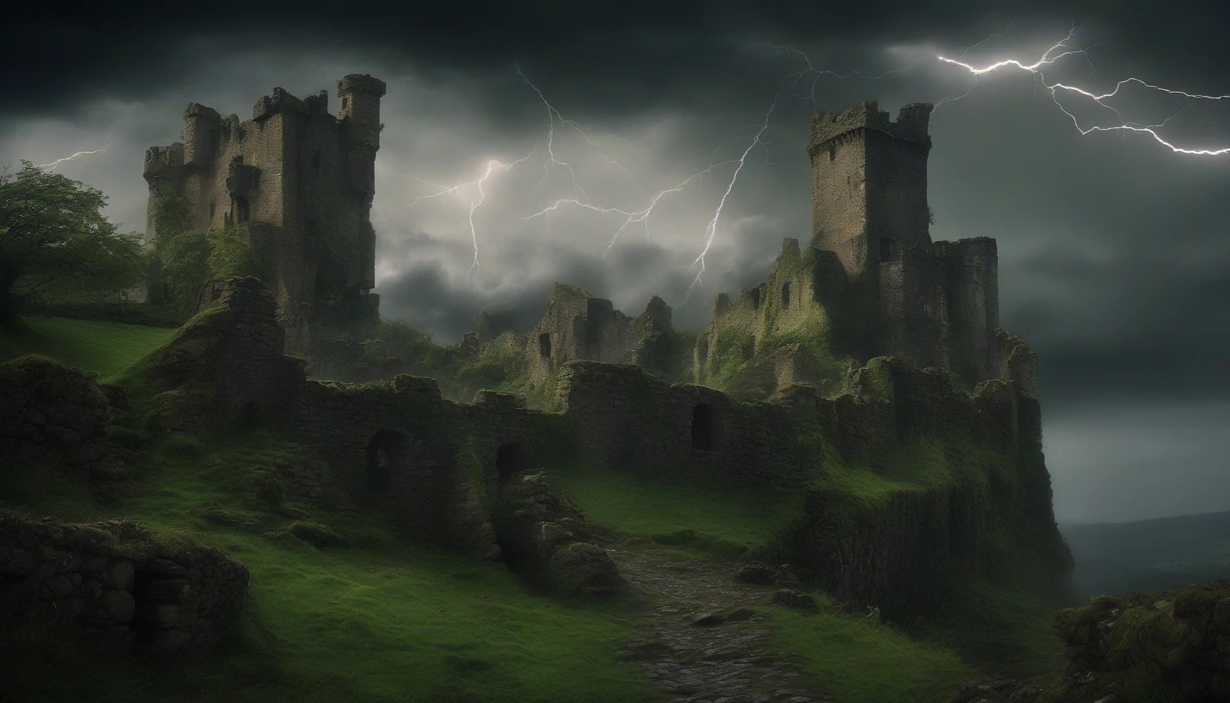 A dramatic and eerie scene unfolds as a crumbling castle looms against a backdrop of dark storm clouds, illuminated by flashes of lightning. Rain pours down, creating a mist that shrouds the ancient stone walls, revealing vines and moss clinging desperately to the ruins. The ominous atmosphere is heightened by the distant rumble of thunder, evoking both mystery and the haunting beauty of nature reclaiming its domain.