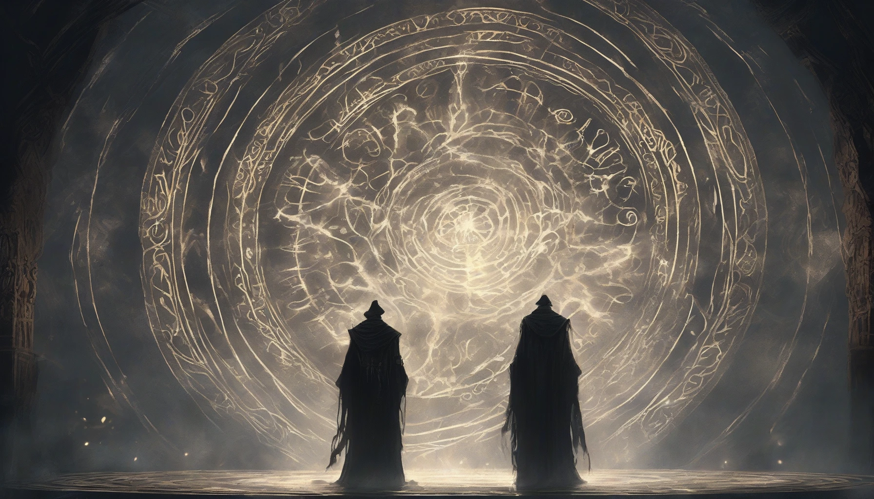 In a dimly lit chamber, a dark mage stands at the center of an intricate summoning circle, etched with ancient runes glowing ominously. Wisps of shadow swirl around him, forming sinister creatures with glowing eyes and twisted forms. The air is thick with tension, as crackling energy pulses from the ground. A faint mist envelops the scene, enhancing the eerie atmosphere of impending doom and dark power.