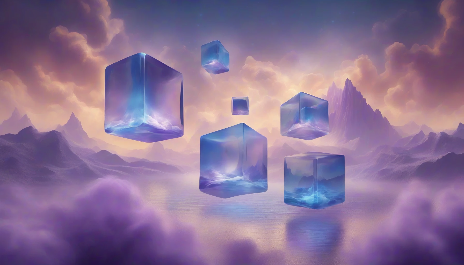 Imagine a surreal landscape where translucent cubes float gracefully in mid-air, each pulsating with a soft, enchanting glow. The air shimmers with hues of blue, violet, and hints of gold as the light dances around, creating a dreamlike atmosphere. A backdrop of ethereal clouds and distant mountains adds depth, while gentle ripples of mist swirl around the base, enhancing the otherworldly ambiance of this mesmerizing scene.