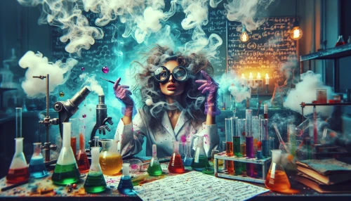 Envision a chaotic laboratory filled with bubbling beakers and swirling smoke, where a brilliant scientist with wild, untamed hair and oversized goggles stands at the center. His lab coat is splattered with colorful dyes, while scattered papers with complex formulas litter the tables. The air is charged with creativity and electricity, capturing the essence of discovery in a delightful mess of genius.