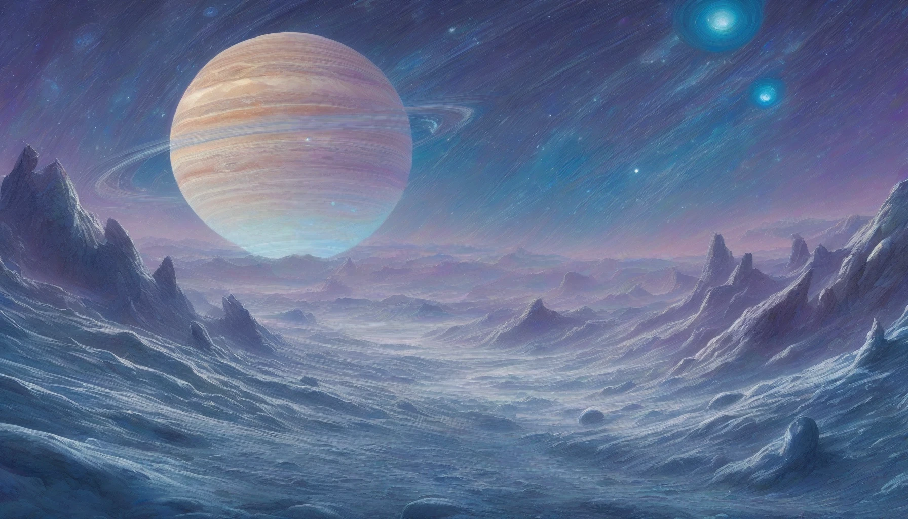 Imagine standing on the icy surface of Titania, one of Uranus's moons, gazing up at the majestic, swirling rings of its gas giant parent. The sky is a deep cerulean, dotted with shimmering stars, as the rings stretch across the horizon in vibrant shades of blue and violet, casting surreal shadows. Below, the rugged terrain glistens with frost, creating a breathtaking contrast against the ethereal beauty above.