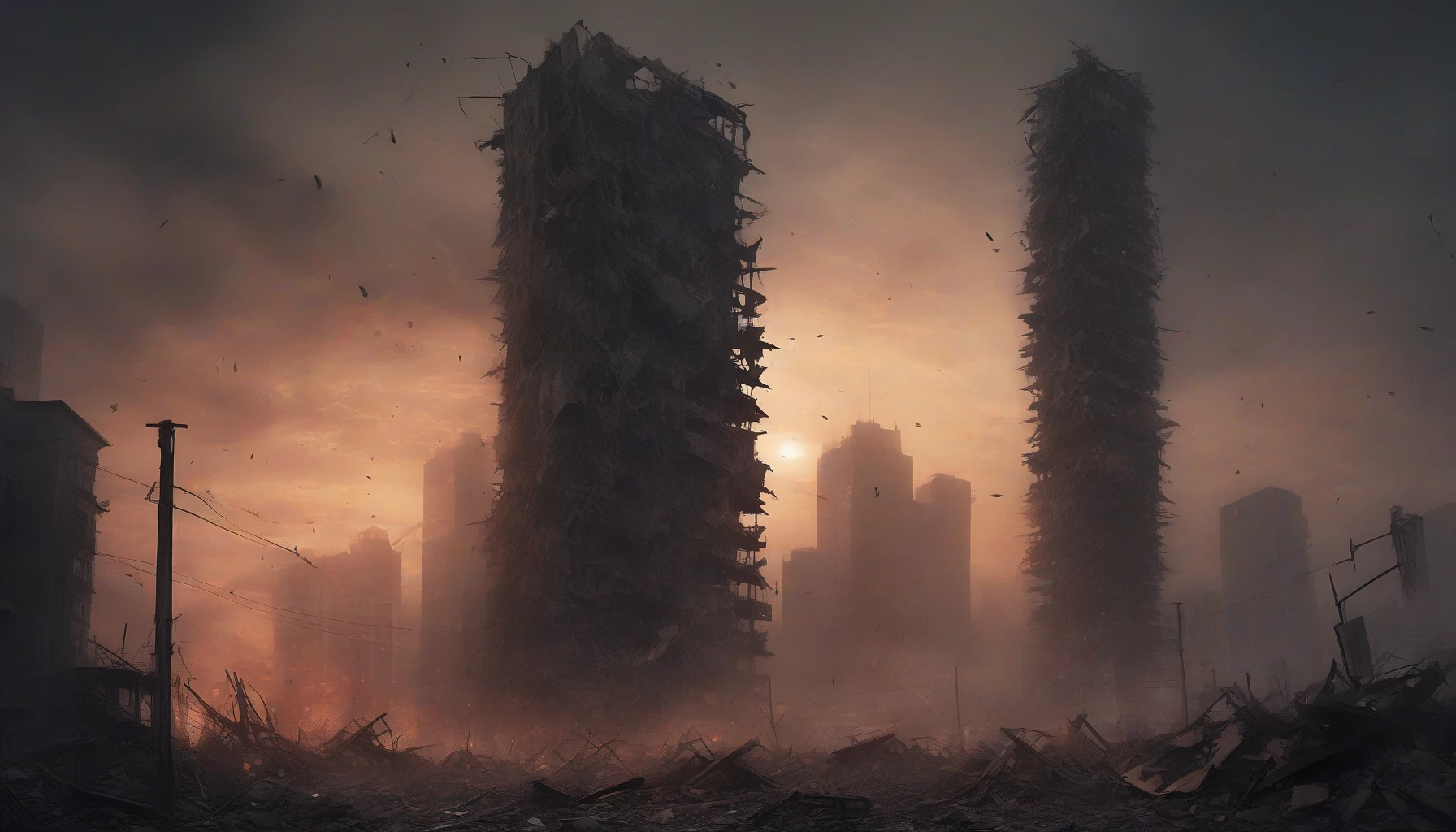 In a haunting urban landscape, a collapsed skyscraper looms ominously against a smoky, twilight sky. Jagged remnants of steel and shattered glass rise like skeletal fingers, while debris blankets the ground. Eerie silence engulfs the scene, interrupted only by distant sirens and the soft crackle of flames. The air is thick with dust and despair, echoing the tragic aftermath of an airstrike on this once-bustling metropolis.