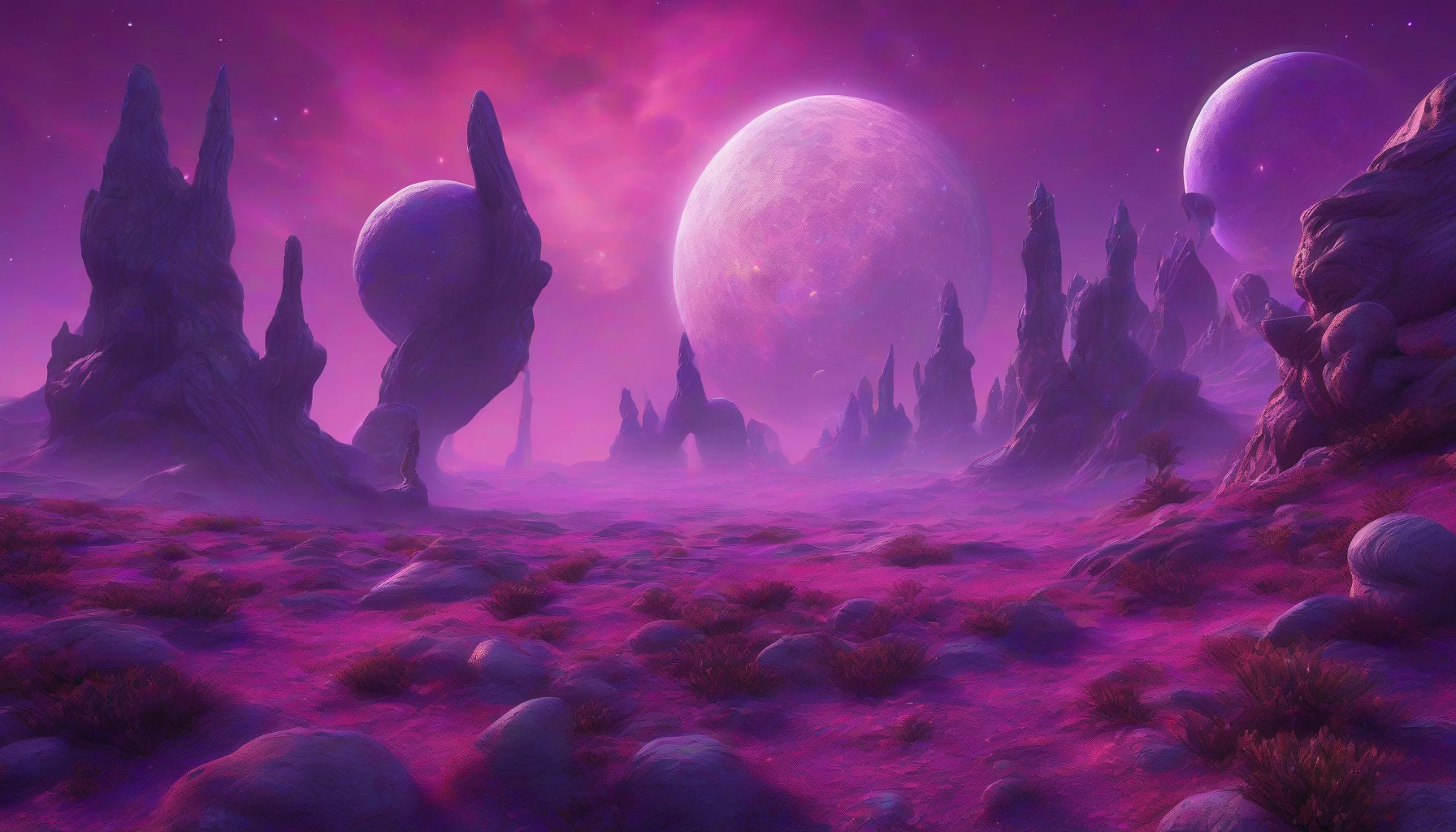 Envision a captivating alien world bathed in vibrant purple skies, where three distinct moons hang in perfect harmony above the horizon. Each moon, with its unique texture and glow, casts surreal shadows across the alien landscape, dotted with ethereal flora. The air shimmers with iridescent hues, as gentle winds stir unusual formations of rocks, creating a breathtaking scene that beckons explorers from distant galaxies.