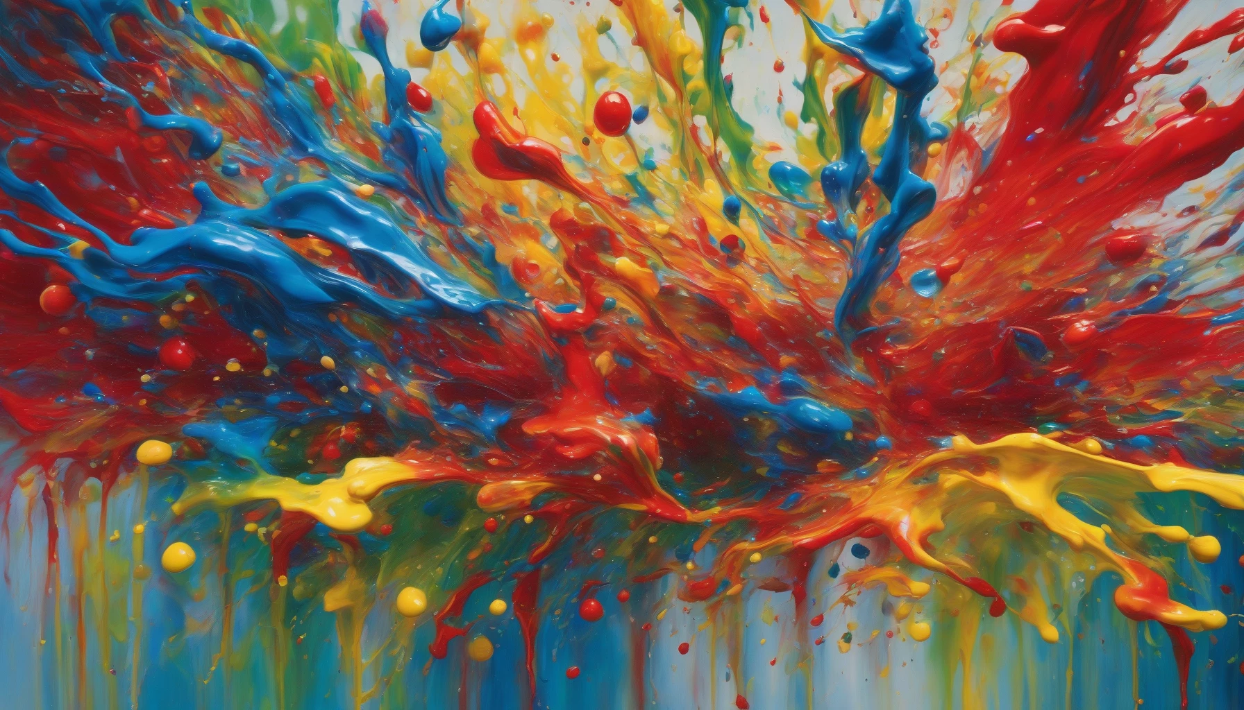 A dynamic scene unfolds with vibrant splashes of paint frozen mid-air, each droplet caught in a moment of ecstatic motion. The colors blend and collide, creating a mesmerizing dance of reds, blues, yellows, and greens. Light glistens off the paint, accentuating the fluid textures and creating a sense of depth. This vivid composition captures the essence of creativity, evoking feelings of joy and artistic freedom.