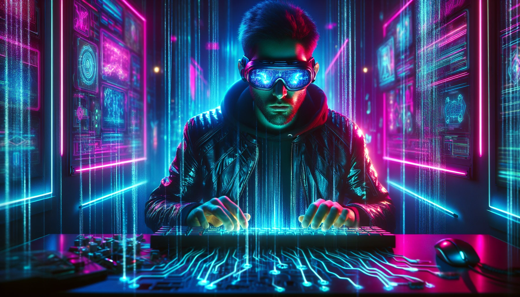 In a neon-lit room pulsing with vibrant hues of blue and pink, a cyberpunk hacker sits at a sleek, high-tech console. Glowing goggles reflect streams of digital data cascading around them, illuminating their focused expression. Futuristic glyphs and circuit patterns swirl on the keyboard as they type furiously, each keystroke echoing in the electric atmosphere, highlighting the blend of technology and rebellion in a dystopian future.