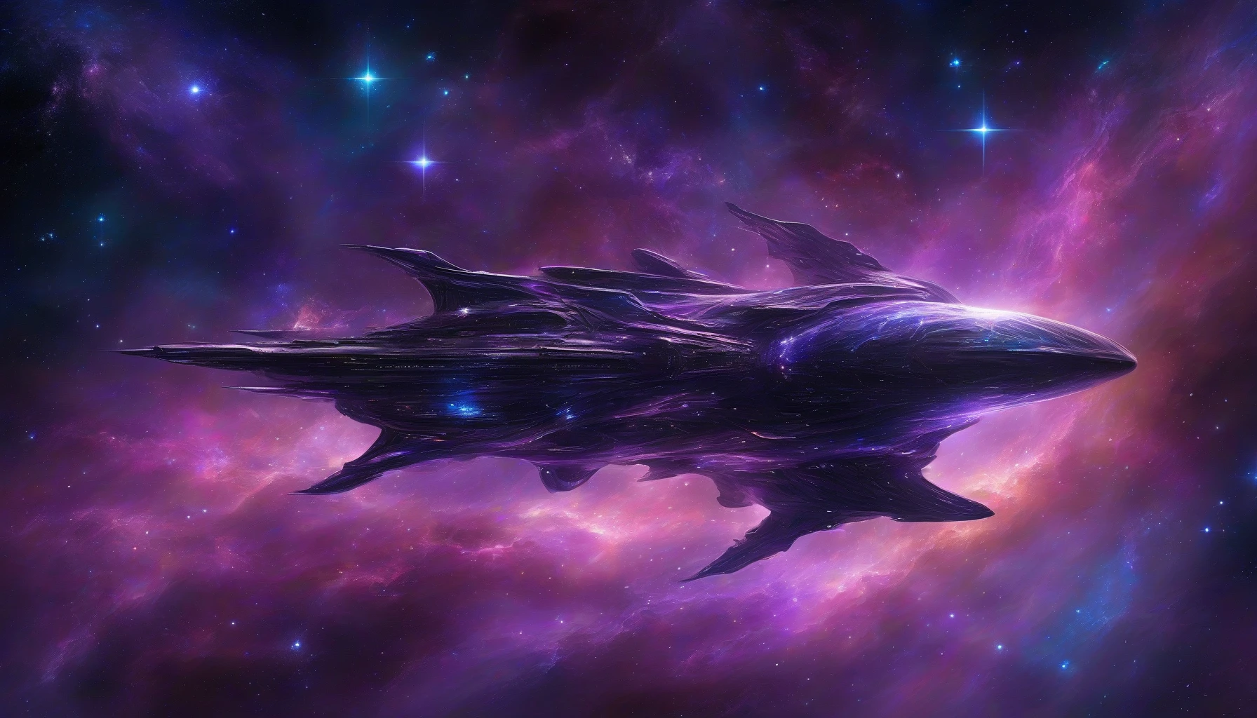 Imagine a futuristic spaceship gliding gracefully through the velvety blackness of space, its sleek metallic form gleaming under the light of a distant, radiant star. Nebulae in hues of purple and blue swirl around, creating a breathtaking backdrop of cosmic beauty. The ship emits a soft, ethereal glow as it navigates through clusters of shimmering stars, embodying the spirit of exploration and adventure among the galaxies.