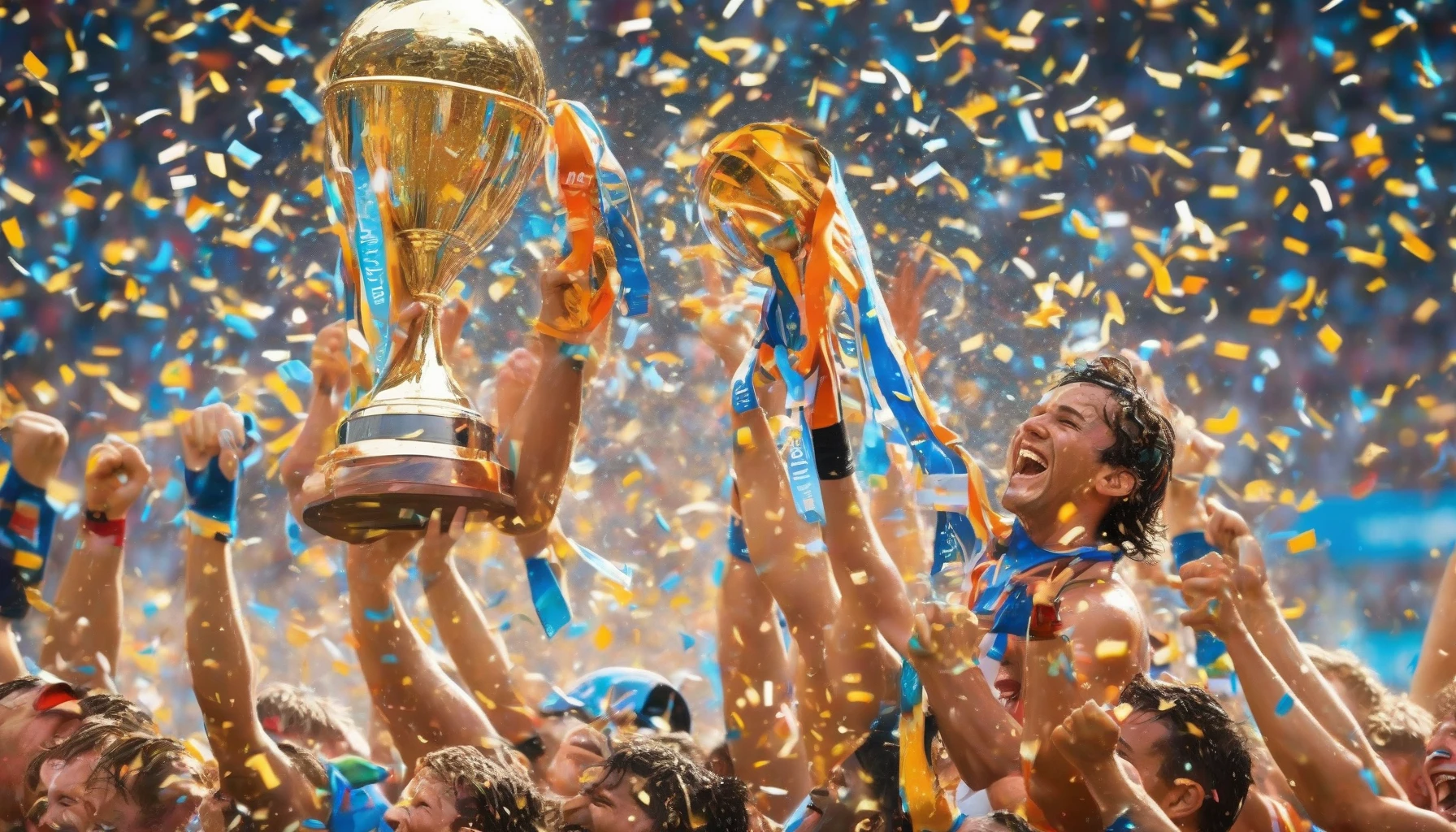 Capture the exhilarating moment when a victorious athlete, drenched in sweat and wearing a wide, triumphant grin, raises a gleaming trophy overhead. Confetti rains down from the sky, creating a kaleidoscope of colors that sparkle in the sunlight. Surrounding the athlete, a crowd of jubilant fans erupts in cheers, their faces glowing with pride and enthusiasm. The atmosphere is electric, radiating overwhelming joy and the sweet taste of success.