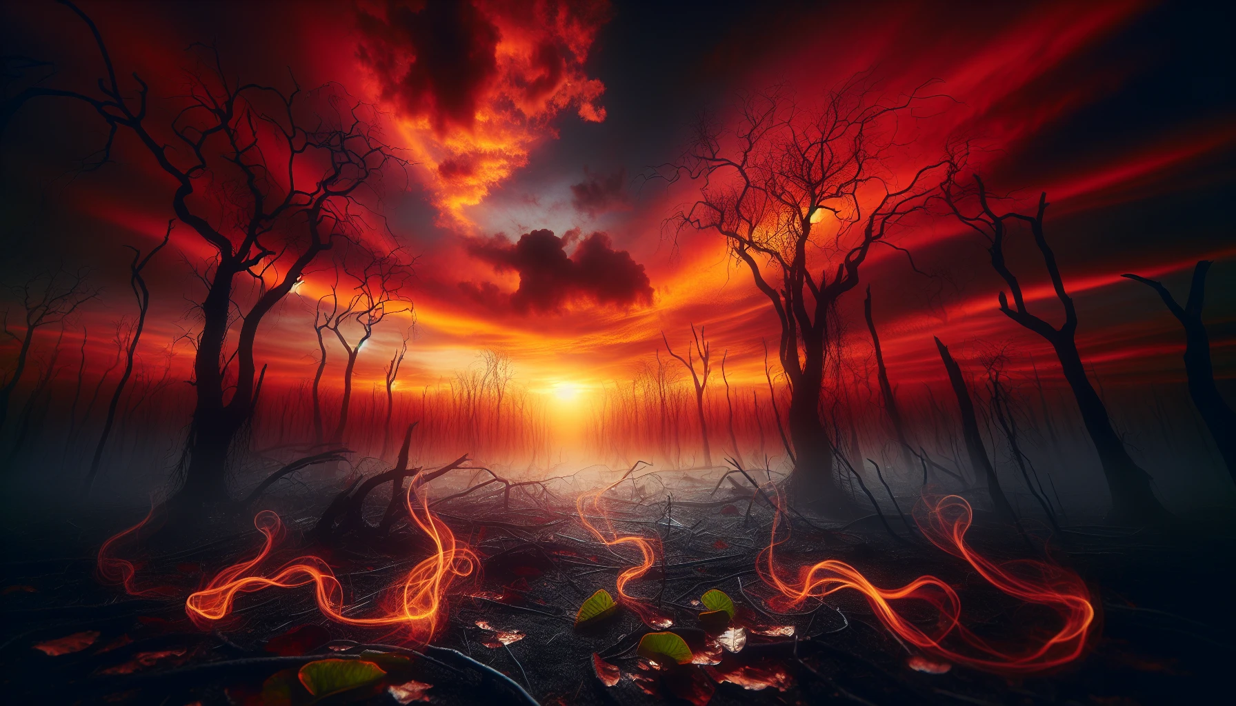 Picture a haunting landscape where charred trees stand like sentinels against a fiery sunset. The orange sky, ablaze with hues of crimson and gold, casts a surreal glow over the desolate terrain. Wisps of smoke curl gently into the air, and the remnants of foliage lie scattered, creating a stark contrast with the vibrant sky. This image encapsulates both destruction and beauty in a poignant tableau.