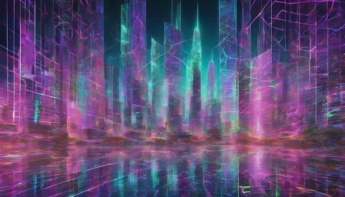 Envision a mesmerizing landscape where vibrant holographic data streams interweave in a complex grid pattern, pulsating with electric blues, radiant greens, and neon pinks. Each stream glimmers as if alive, reflecting fragmented visions of digital information flowing seamlessly through a futuristic cityscape. The background showcases shimmering skyscrapers, their glass facades mirroring the dynamic grid, while soft, ethereal lights create an atmosphere of boundless technological possibilities.