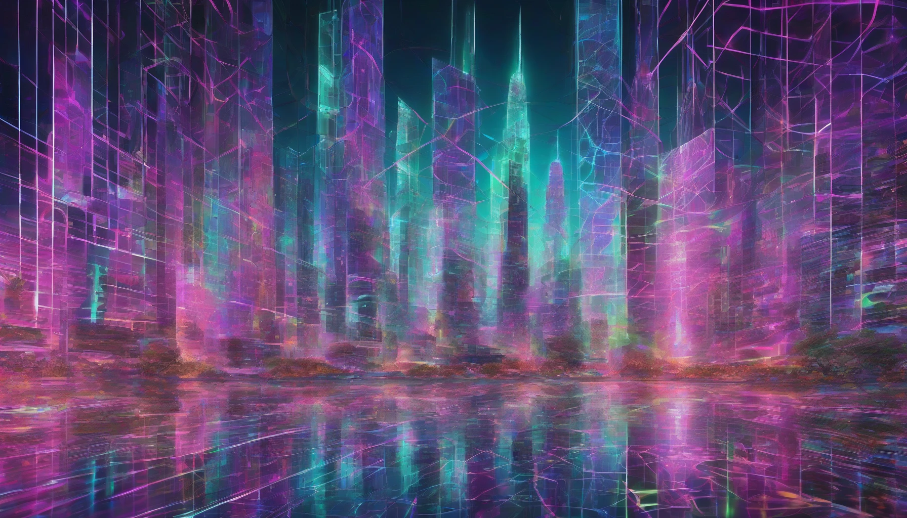 Envision a mesmerizing landscape where vibrant holographic data streams interweave in a complex grid pattern, pulsating with electric blues, radiant greens, and neon pinks. Each stream glimmers as if alive, reflecting fragmented visions of digital information flowing seamlessly through a futuristic cityscape. The background showcases shimmering skyscrapers, their glass facades mirroring the dynamic grid, while soft, ethereal lights create an atmosphere of boundless technological possibilities.