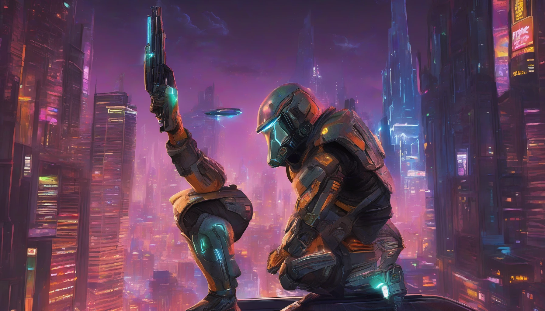 In a neon-lit metropolis under a starry sky, a sleek, armored bounty hunter stands poised on a rooftop. Their reflective visor glows ominously as they grip a state-of-the-art plasma rifle, pulsing with energy. The city below buzzes with flying cars and holographic advertisements, while a distant thunderstorm casts flickering shadows. This hunter is the ultimate fusion of technology and danger, ready to pursue their next target.