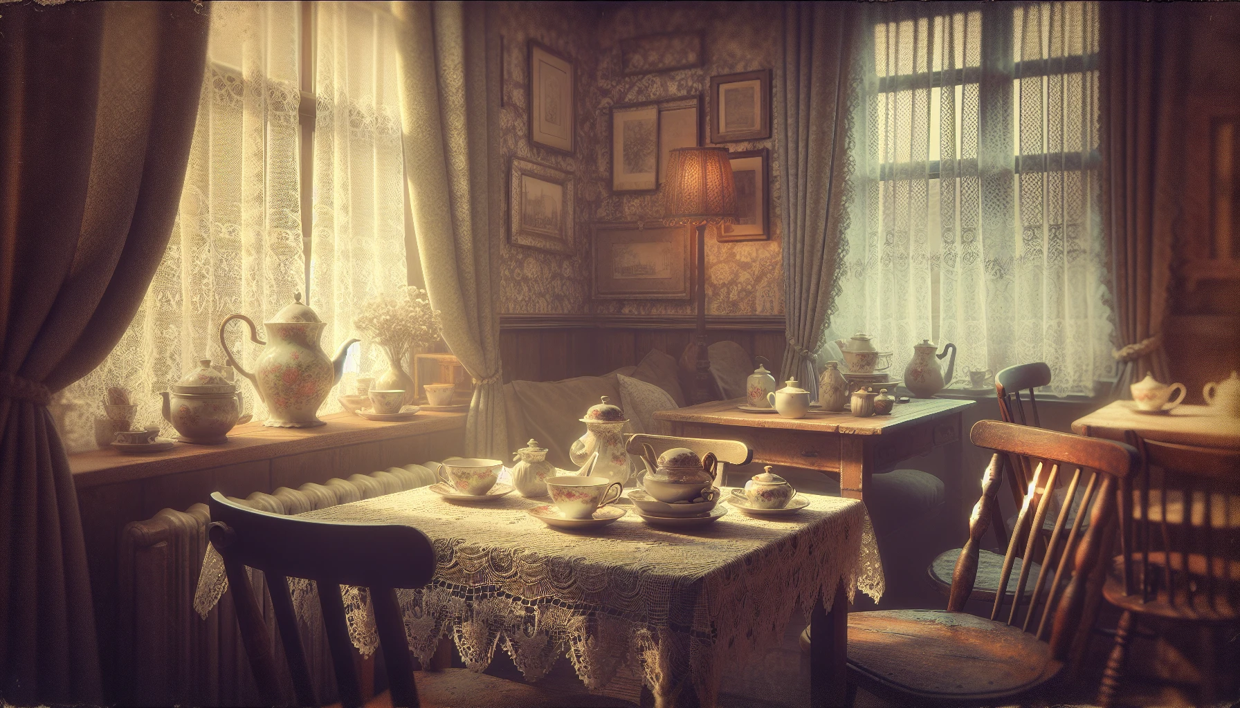 Capture the essence of nostalgia by creating an image that features a cozy café scene from the 1960s. Soft, muted colors dominate the palette, with delicate sunlight filtering through lace curtains. Vintage furniture, such as a wooden table adorned with a classic teapot and mismatched china, invites warmth. The atmosphere resonates with gentle chatter and the faint aroma of freshly brewed coffee, evoking a timeless charm that invites the viewer to linger.