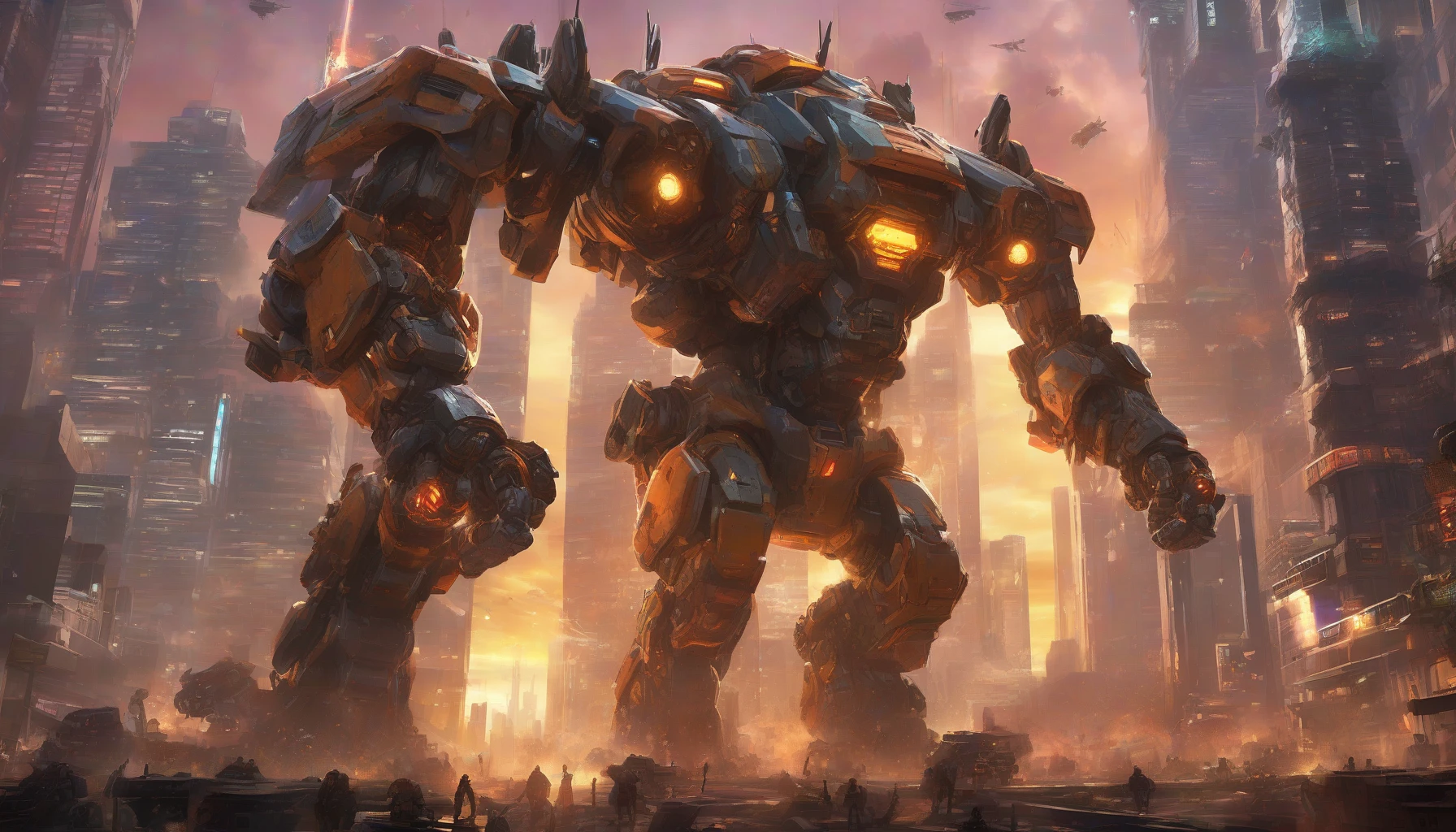 Witness an epic showdown between two colossal mechs in a sprawling, futuristic cityscape. Towering buildings loom in the background as the mechs, adorned with intricate armor and glowing energy cores, unleash devastating weapons. Sparks fly and debris cascades as they clash, shaking the ground beneath them. A vibrant sunset casts dramatic shadows, highlighting the scale of this monumental battle, as the fate of the city hangs in the balance.