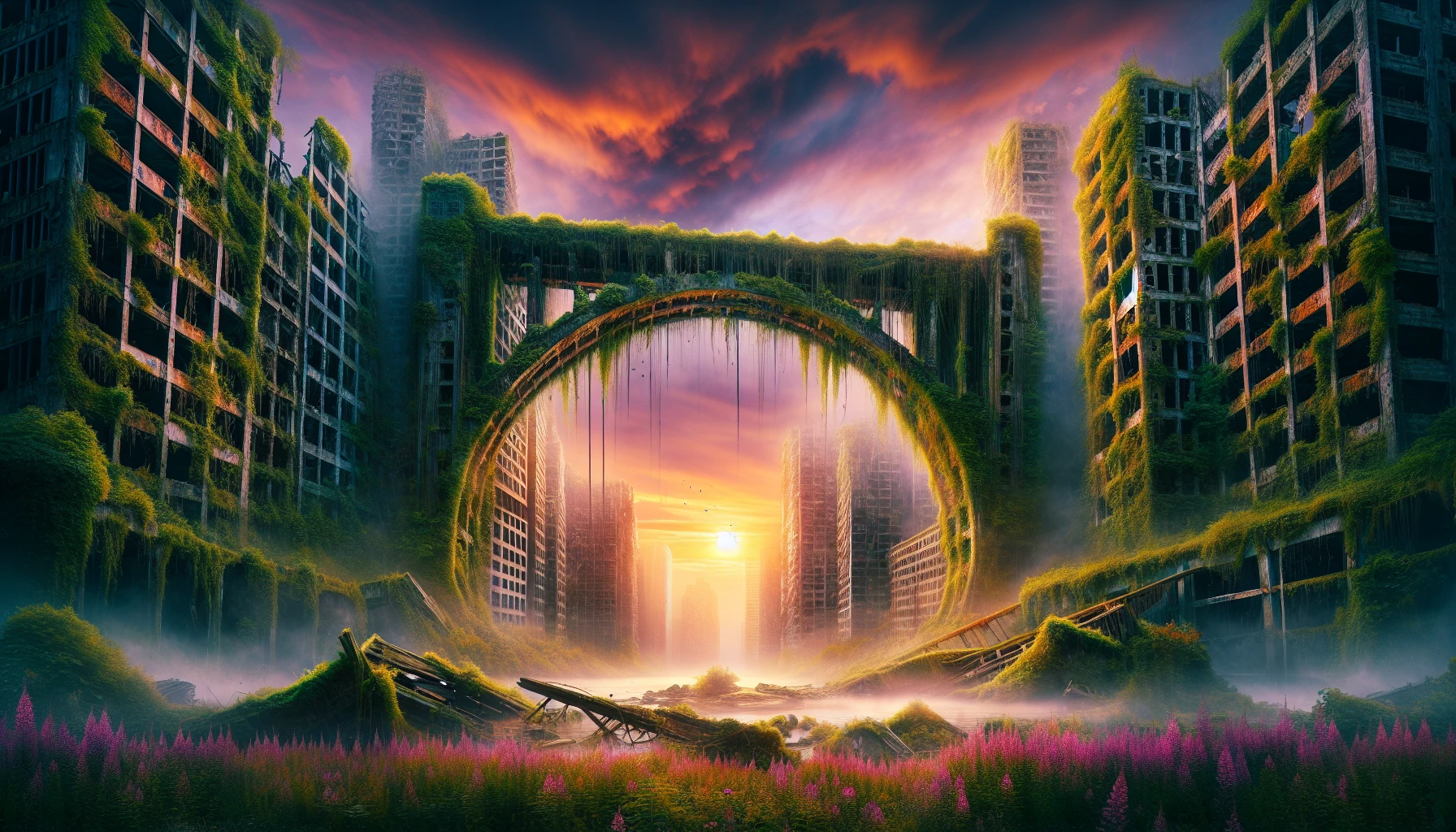 Visualize a hauntingly beautiful scene where a once-thriving city is now a crumbling relic of the past, engulfed by nature. The main focus is a massive, collapsed bridge overgrown with vines and moss, connecting crumbled skyscrapers. Mist clings to the ruins while wildflowers bloom through cracks in the concrete. In the background, a vibrant sunset casts orange and purple hues, illuminating the stark contrast of decay and rejuvenation.