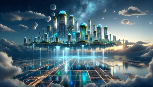 Imagine a breathtaking floating city, its architecture a harmonious blend of futuristic and ethereal designs, suspended above a shimmering, bioluminescent sea. The buildings, adorned with iridescent glass and lush greenery, reflect the vibrant blues and greens of the glowing waves below. Wisps of mist curl around the structures as soft, luminescent lights illuminate the streets, casting a magical ambiance against the backdrop of a starlit sky.