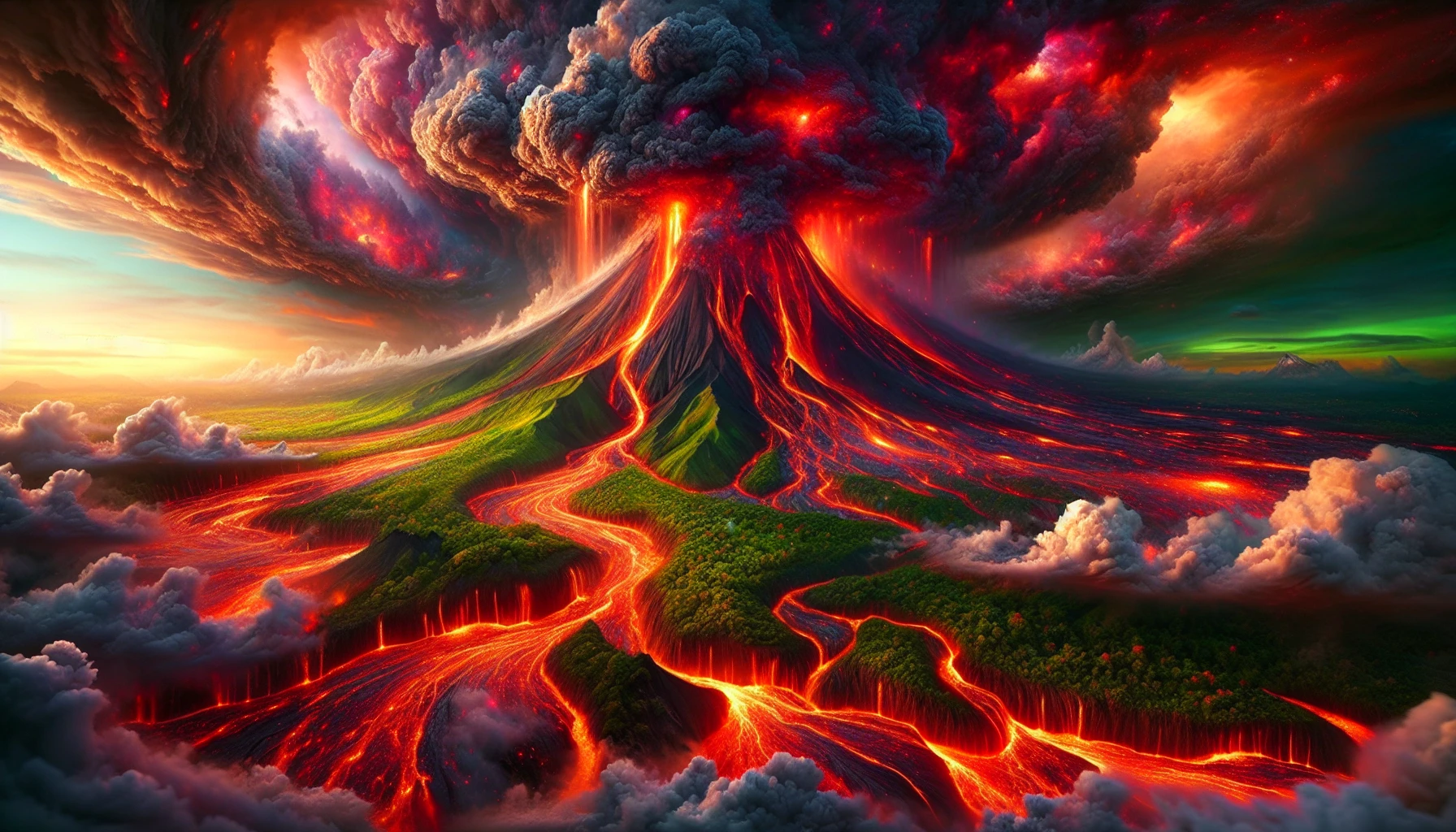 A surreal landscape unfolds, dominated by a towering volcano erupting with vibrant, molten lava that cascades down its slopes like a fiery waterfall. Surrounding the volcano, lush greenery contrasts with the glowing orange and red streams, while the sky is a tumultuous blend of dark smoke and brilliant sunsets. The air shimmers with heat, creating an otherworldly atmosphere that invites viewers into this mesmerizing fusion of nature’s fury and beauty.