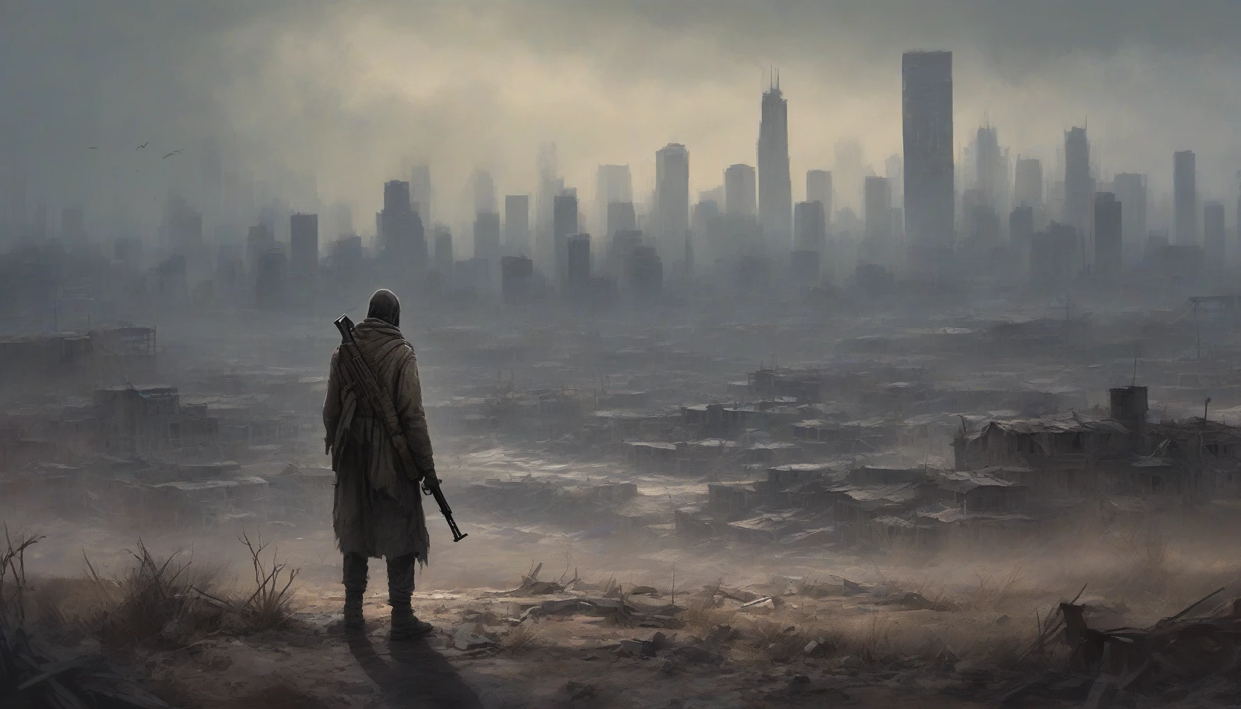 A lone figure stands against a desolate landscape, clad in tattered clothes that tell stories of resilience and hardship. Gripping a weathered rifle, their gaze is fierce yet weary, embodying the spirit of survival in a harsh world. Behind them, a crumbling city skyline looms, shrouded in a hazy twilight, hinting at remnants of a life once lived, as wild grasses reclaim the ruins.