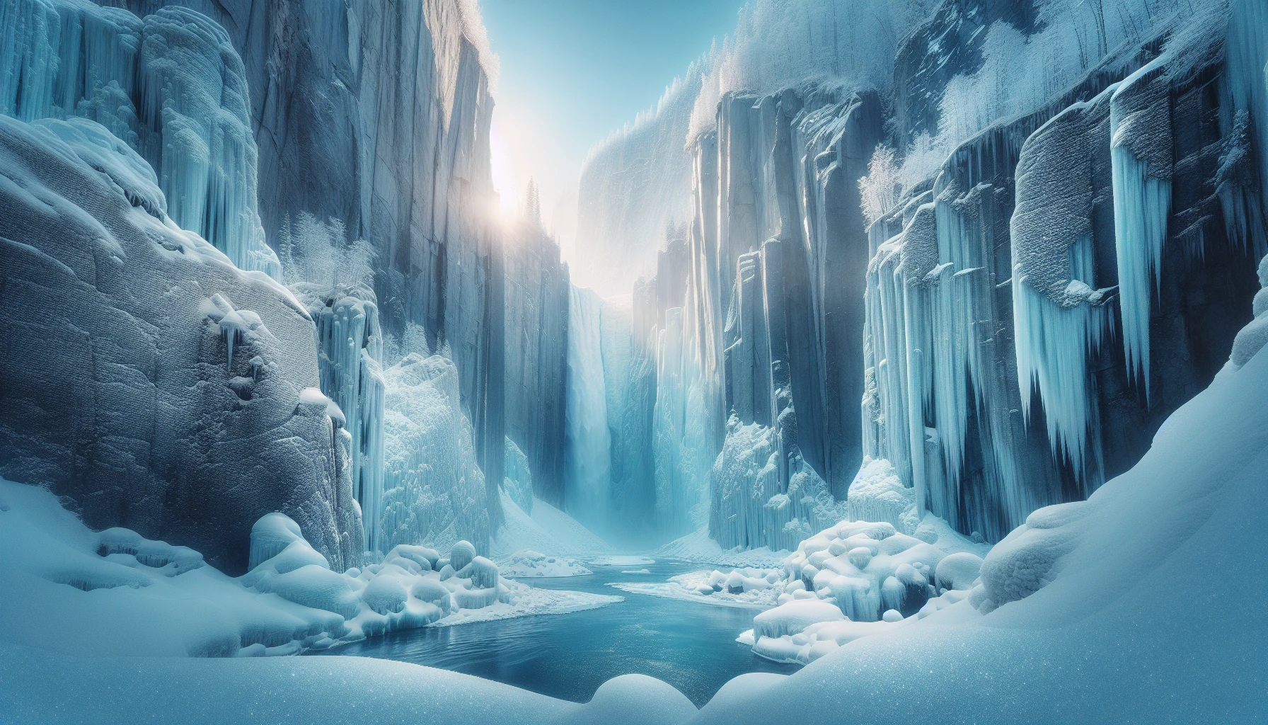 In a breathtaking scene, a vast glacial canyon unfurls, its icy walls shimmering under the pale winter sun. Towering cliffs, blanketed in snow, cradle cascading waterfalls that plunge into a crystalline pool below. Mist rises from the water, creating a mystical atmosphere, while icicles dangle like jewels from jagged rocks. The serenity of this frozen world invites the viewer into a realm of tranquil beauty and awe.