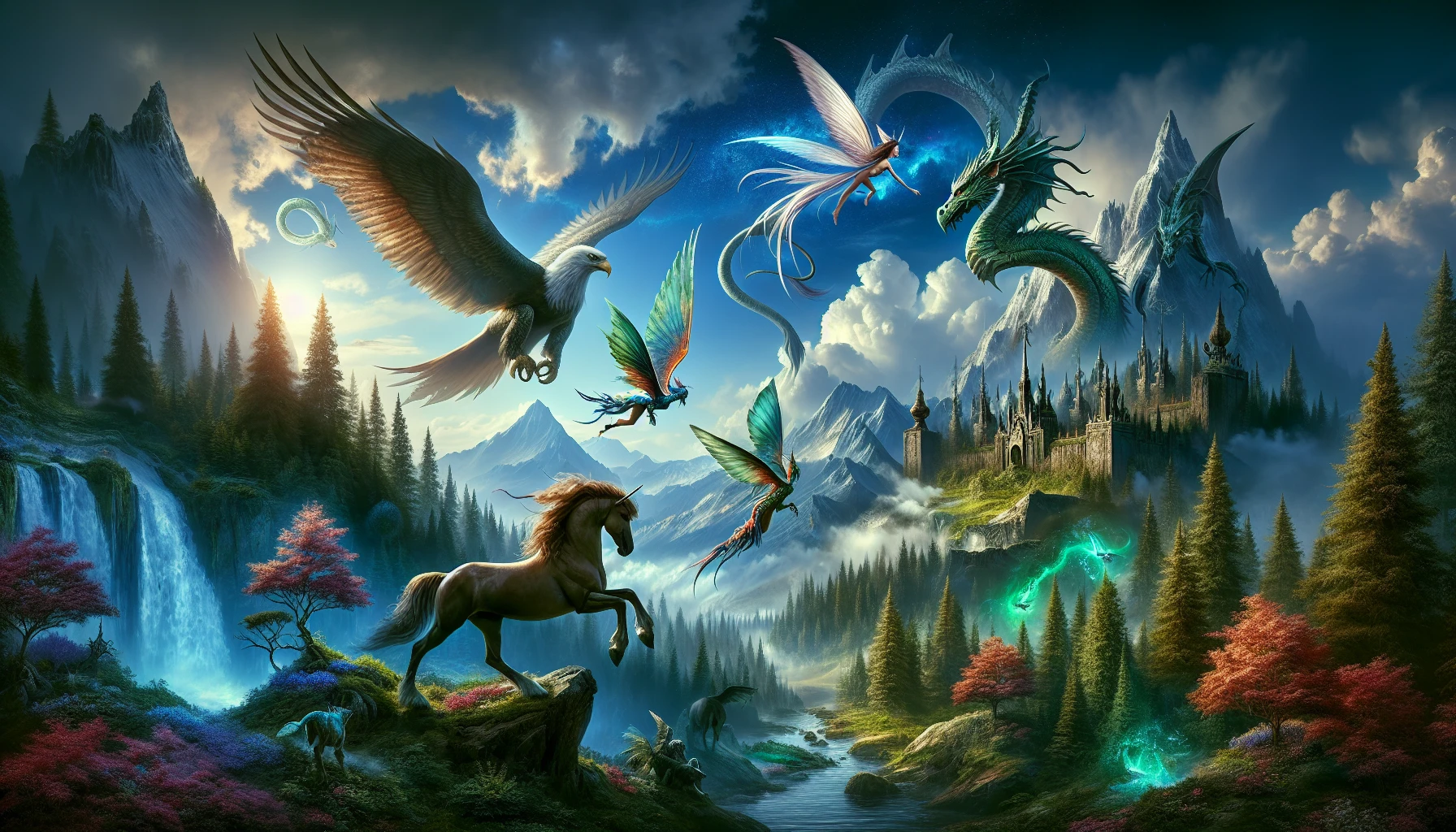 Create a breathtaking scene that intertwines various mythologies from around the world, featuring iconic creatures such as a majestic griffin soaring above an ancient temple, and a fierce dragon coiled around a mountain peak. In the foreground, a mystical forest glows with vibrant flora, while ethereal beings, like fairies and centaurs, traverse the landscape, inviting viewers to explore the rich tapestry of legends and enchanting tales.