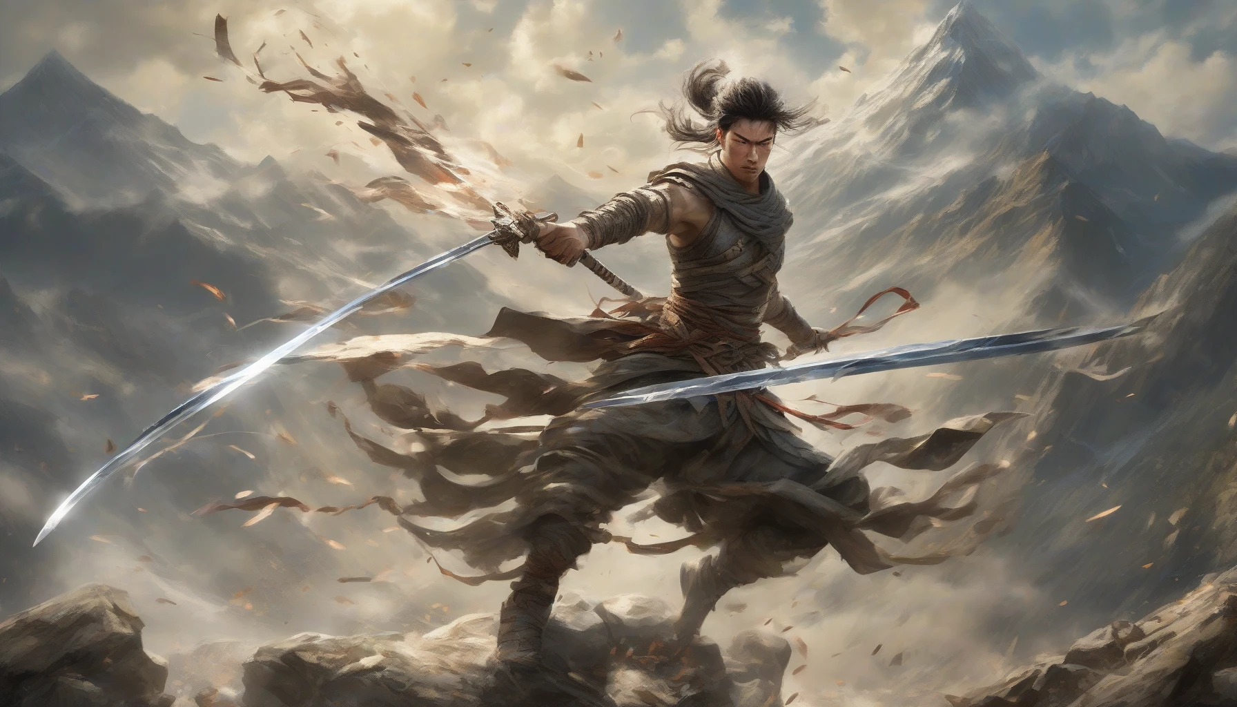 A dynamic scene captures a skilled warrior, effortlessly spinning through the air with dual swords glinting under the sunlight. Each blade reflects a flurry of motion as the fighter gracefully evades an unseen foe. The backdrop features a rugged mountain landscape, with swirling clouds that accentuate the intensity of the moment. Dust and debris are kicked up around the fighter, adding to the dramatic energy of this breathtaking aerial display.