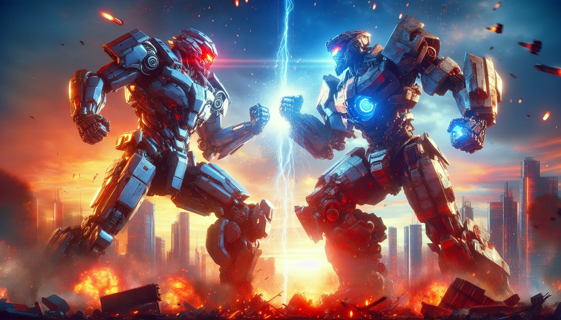 In a dystopian future, two colossal mechs collide in a dramatic showdown, their metallic bodies gleaming under the chaos of a burning skyline. One mech, adorned with sleek blue armor, emits electric sparks, while its adversary, clad in rugged crimson plating, towers menacingly, ready to unleash a barrage of missiles. Surrounding them, debris and explosions paint a vivid backdrop, capturing the thrilling intensity of this monumental battle.